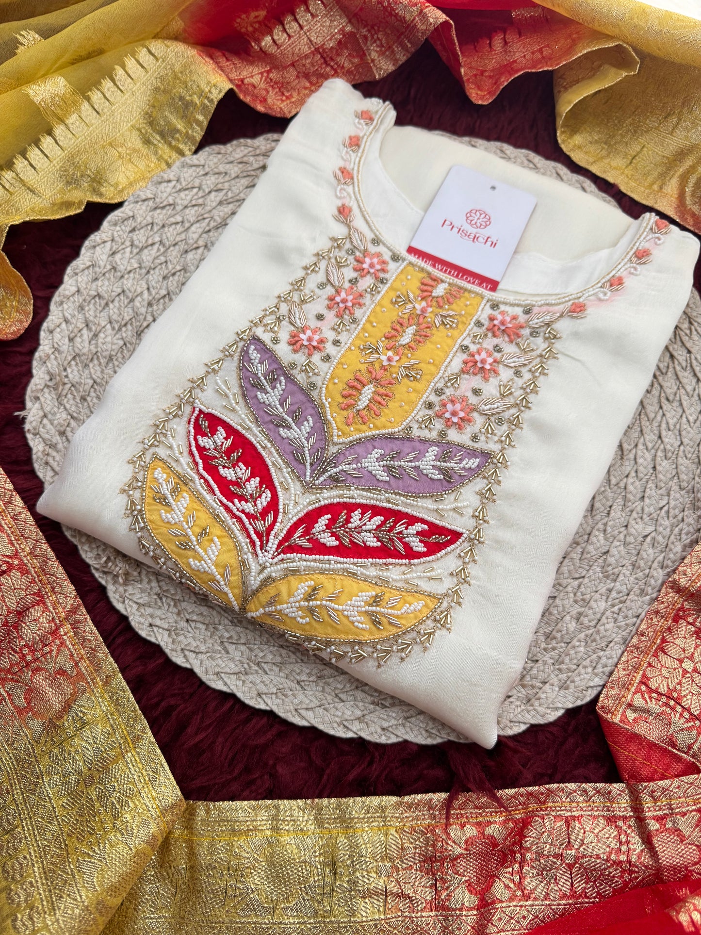 White Embroidered Ethnic Kurta Set with Pants & Banarasi Dupatta for Women | Festive & Wedding Wear