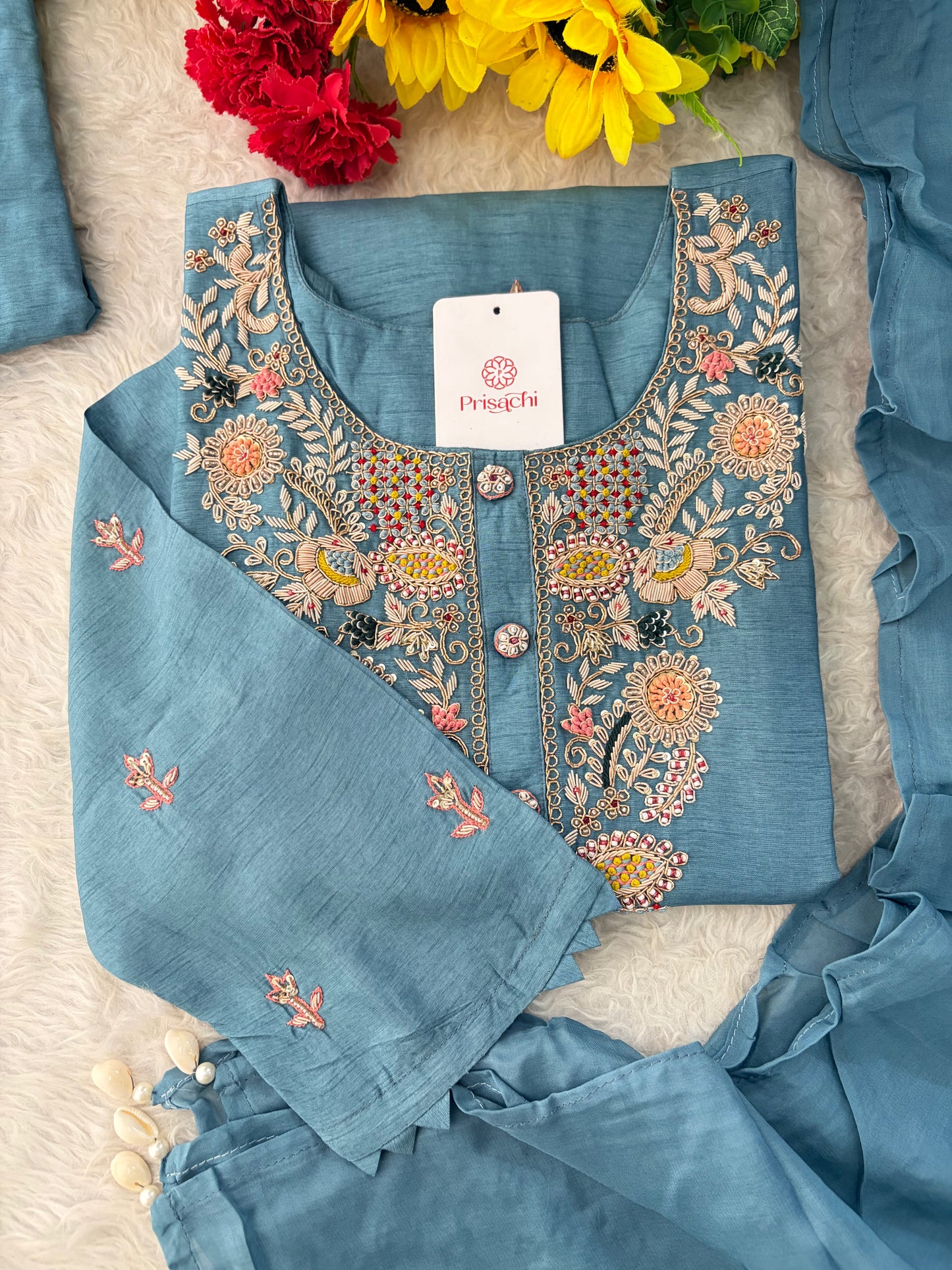 Blue Zardozi Embroidered Kurta Set with Pants & Dupatta for Women | Ethnic Festive & Wedding Wear