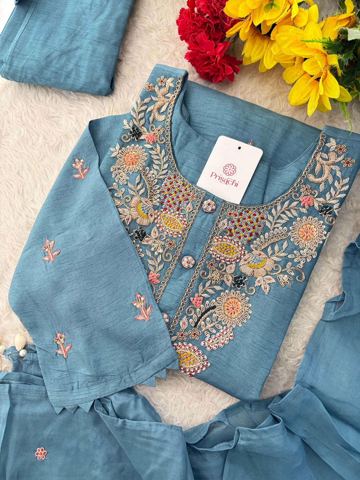 Blue Zardozi Embroidered Kurta Set with Pants & Dupatta for Women | Ethnic Festive & Wedding Wear