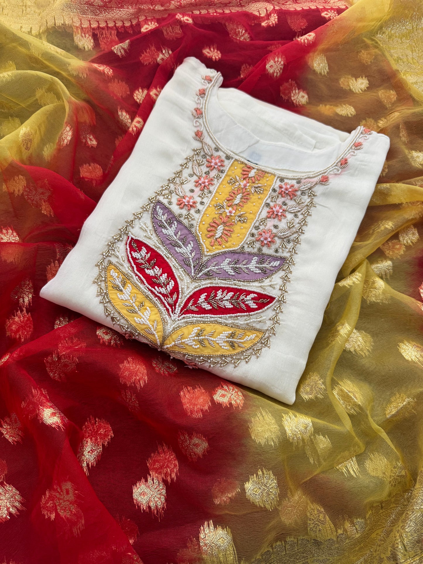 White Embroidered Ethnic Kurta Set with Pants & Banarasi Dupatta for Women | Festive & Wedding Wear