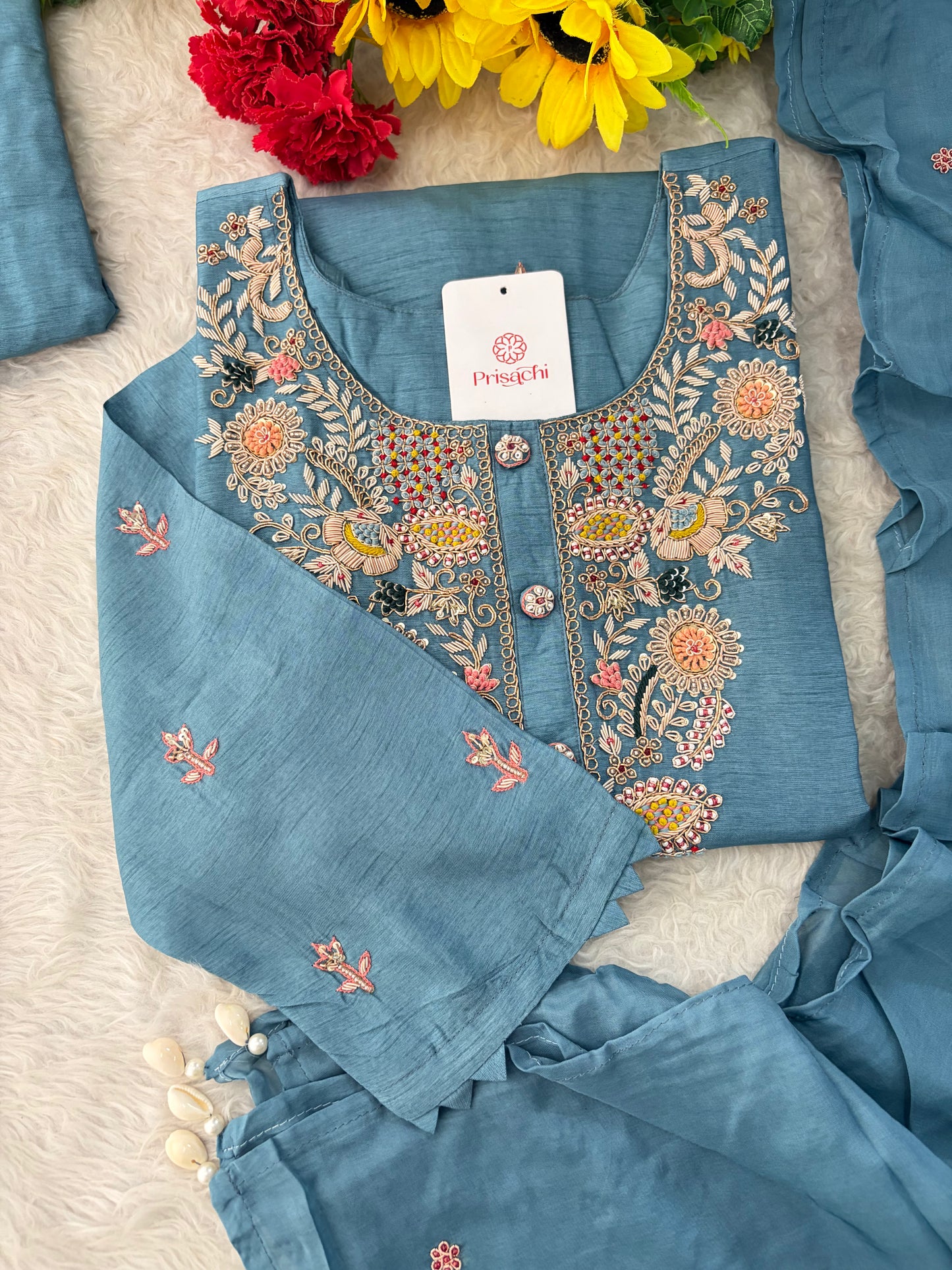Blue Zardozi Embroidered Kurta Set with Pants & Dupatta for Women | Ethnic Festive & Wedding Wear