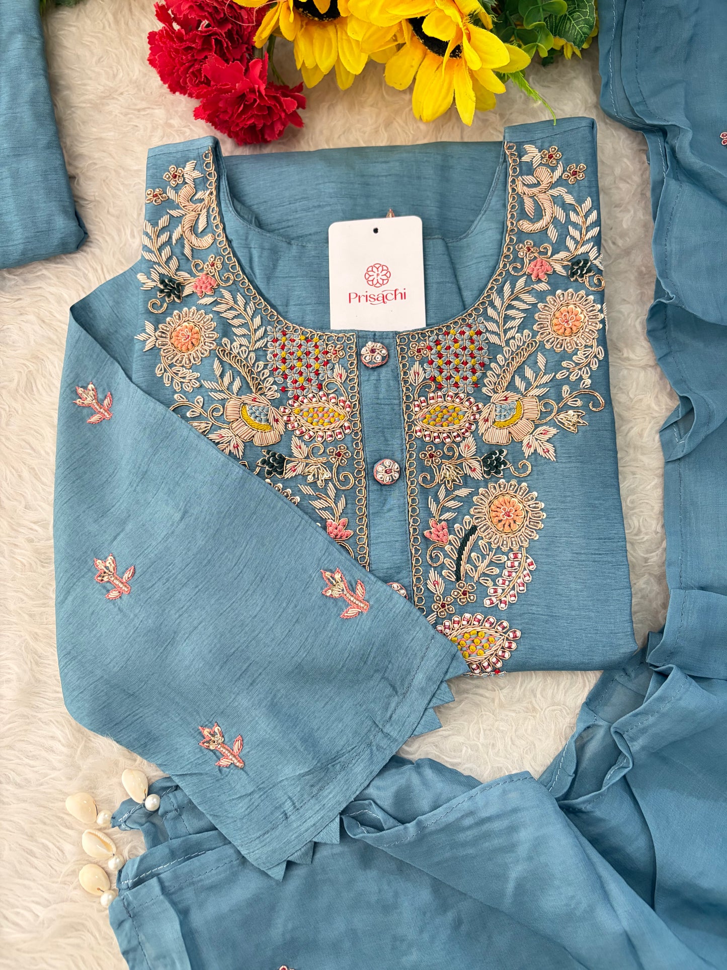 Blue Zardozi Embroidered Kurta Set with Pants & Dupatta for Women | Ethnic Festive & Wedding Wear