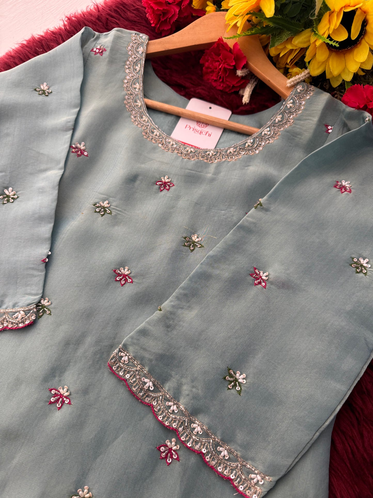 Sky Blue Zardozi Embroidered Kurti Set with Sharara And Dupatta | Festive & Wedding Ethnic Suit