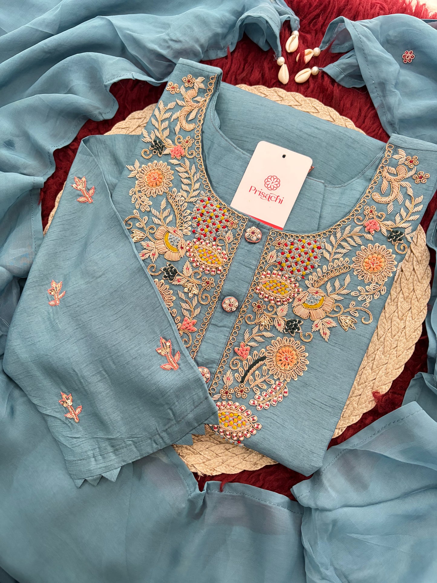 Blue Zardozi Embroidered Kurta Set with Pants & Dupatta for Women | Ethnic Festive & Wedding Wear