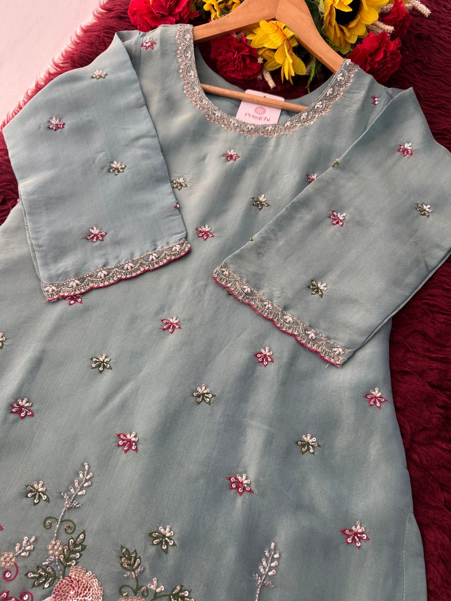 Sky Blue Zardozi Embroidered Kurti Set with Sharara And Dupatta | Festive & Wedding Ethnic Suit