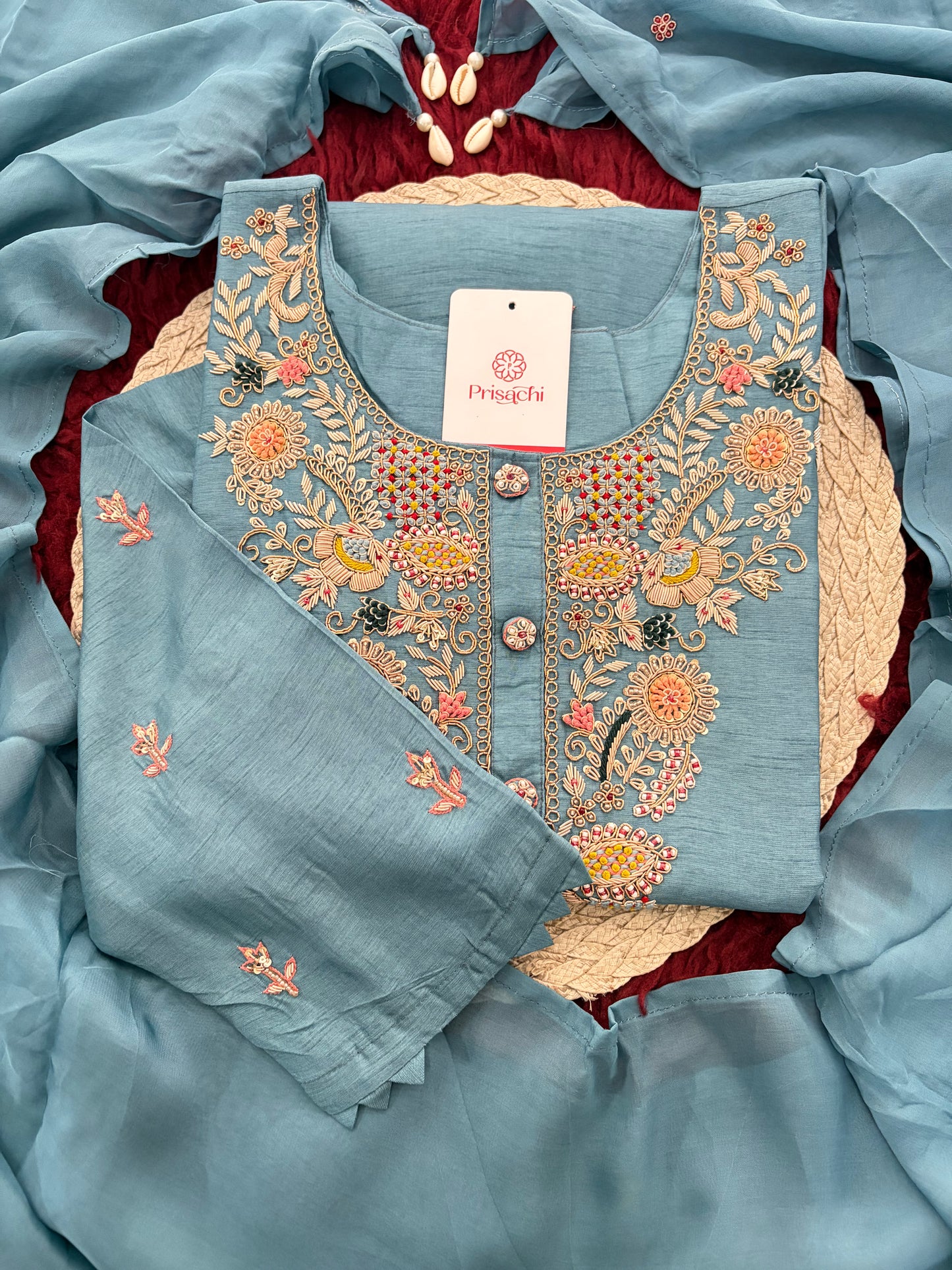 Blue Zardozi Embroidered Kurta Set with Pants & Dupatta for Women | Ethnic Festive & Wedding Wear