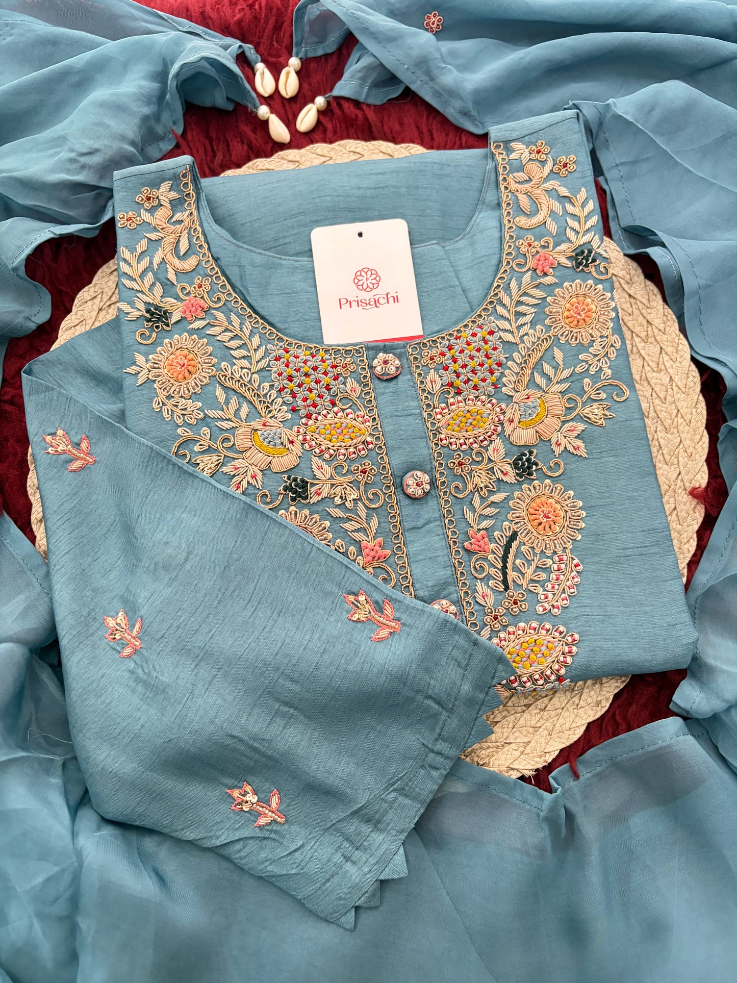 Blue Zardozi Embroidered Kurta Set with Pants & Dupatta for Women | Ethnic Festive & Wedding Wear