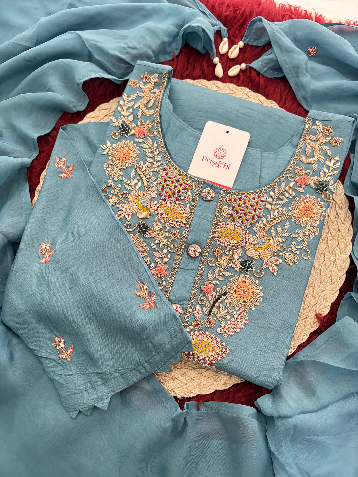 Blue Zardozi Embroidered Kurta Set with Pants & Dupatta for Women | Ethnic Festive & Wedding Wear