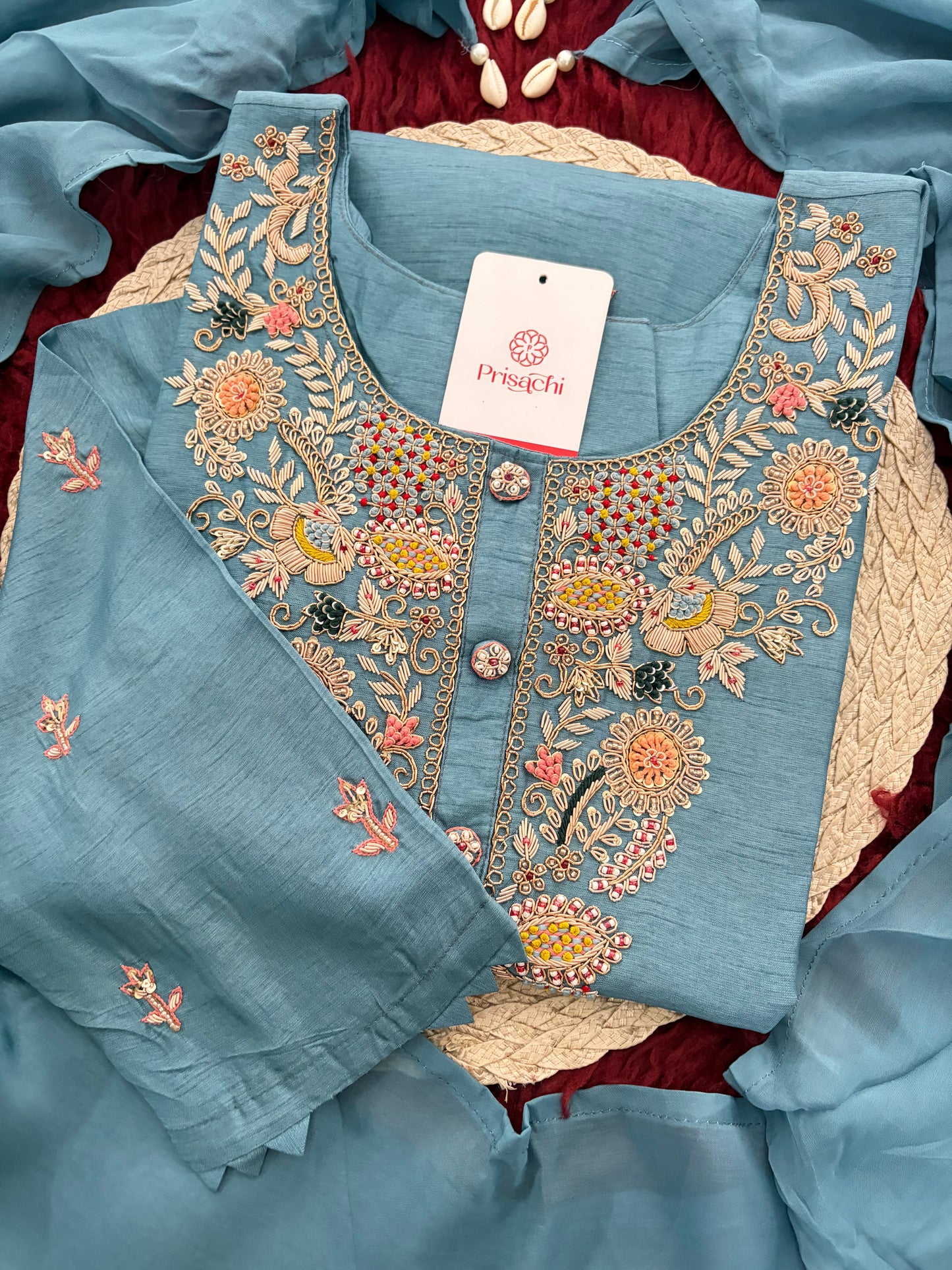 Blue Zardozi Embroidered Kurta Set with Pants & Dupatta for Women | Ethnic Festive & Wedding Wear