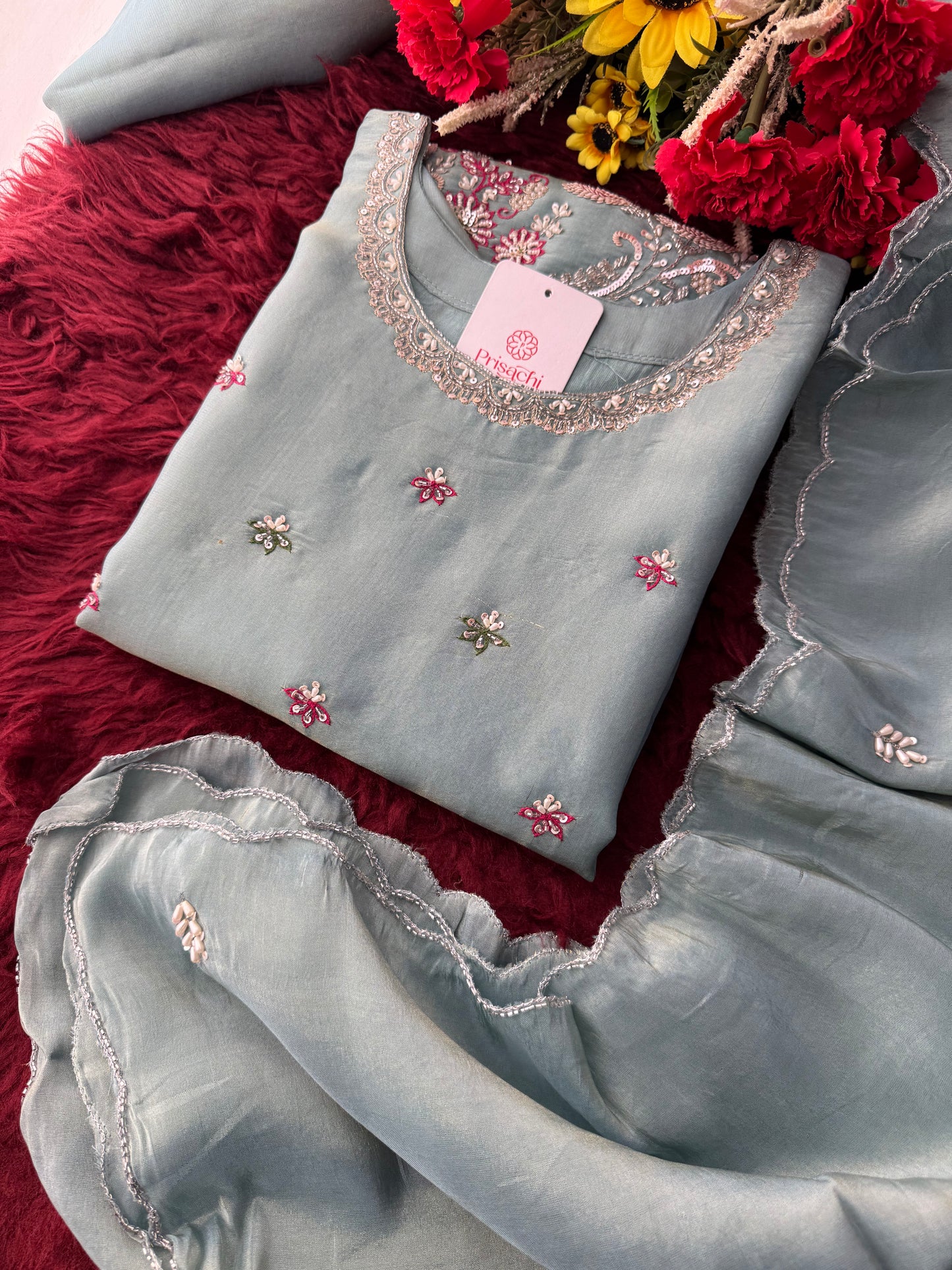 Sky Blue Zardozi Embroidered Kurti Set with Sharara And Dupatta | Festive & Wedding Ethnic Suit