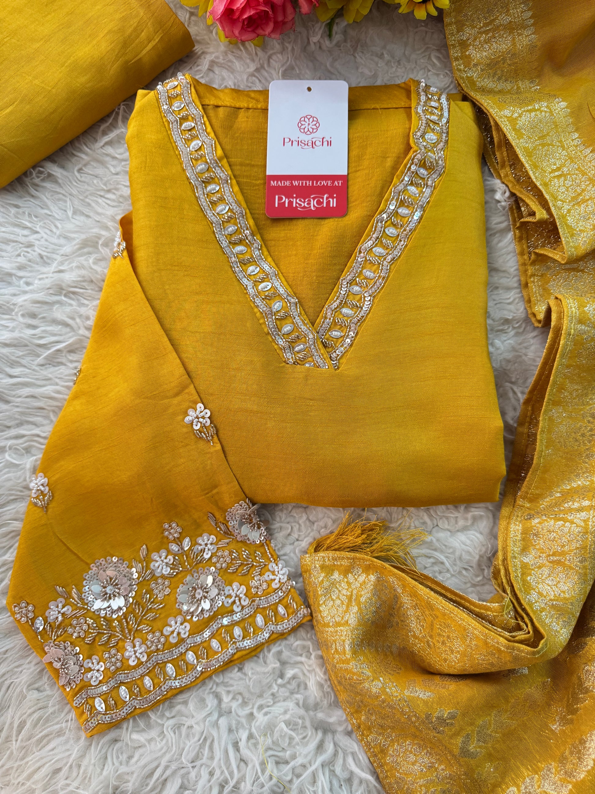 Yellow Embroidered kurta Pant  with dupatta - Prisachi Official