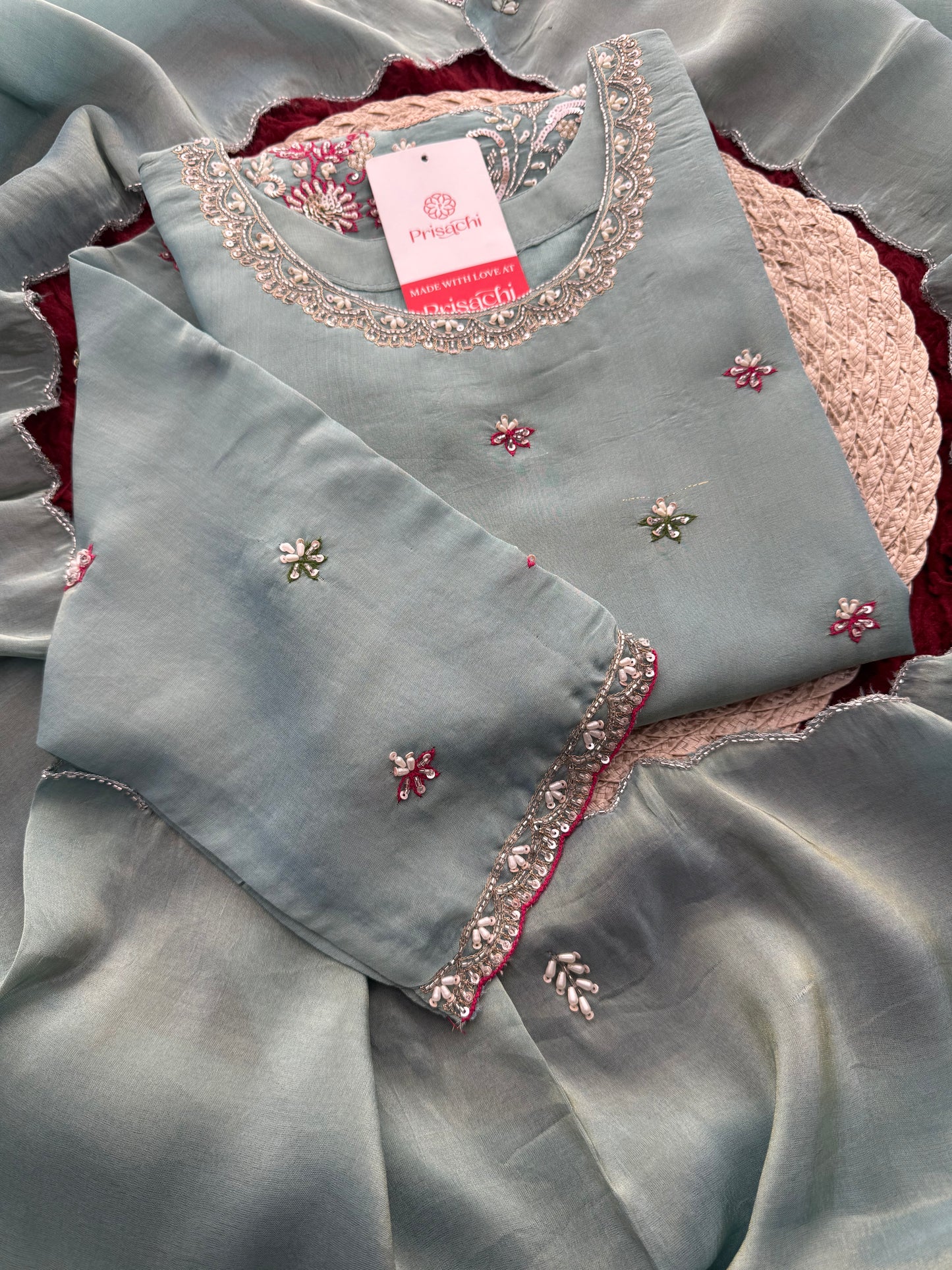 Sky Blue Zardozi Embroidered Kurti Set with Sharara And Dupatta | Festive & Wedding Ethnic Suit