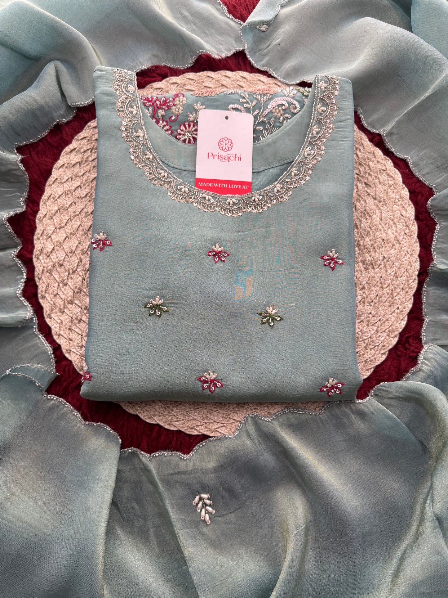 Sky Blue Zardozi Embroidered Kurti Set with Sharara And Dupatta | Festive & Wedding Ethnic Suit