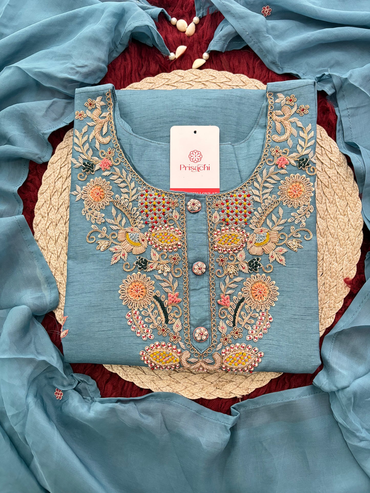 Blue Zardozi Embroidered Kurta Set with Pants & Dupatta for Women | Ethnic Festive & Wedding Wear