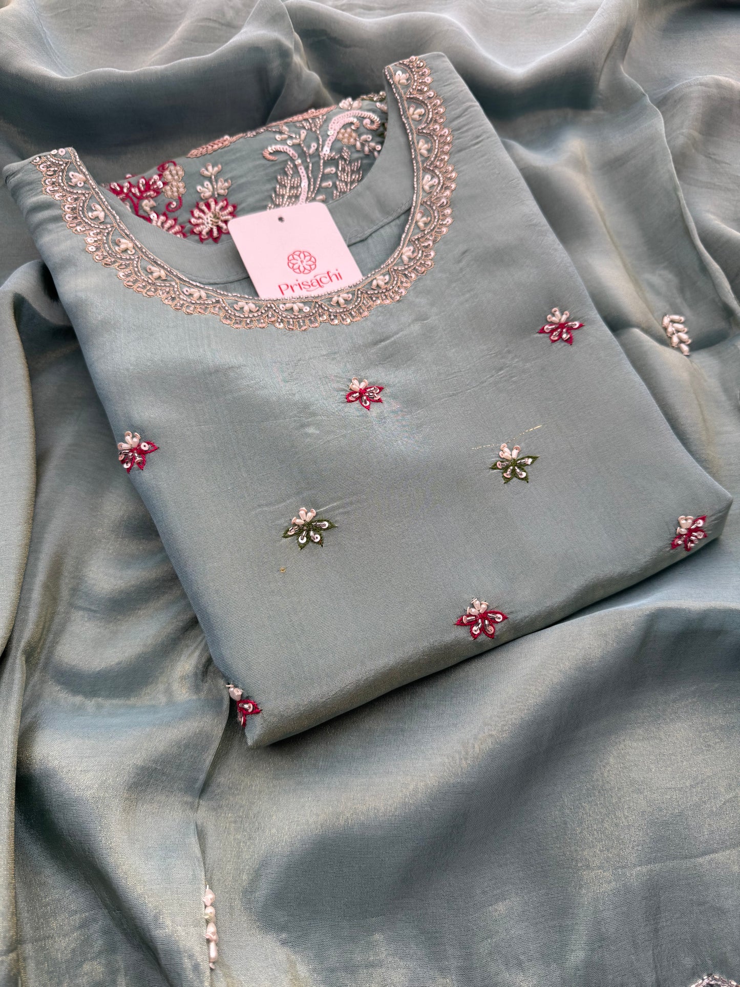 Sky Blue Zardozi Embroidered Kurti Set with Sharara And Dupatta | Festive & Wedding Ethnic Suit