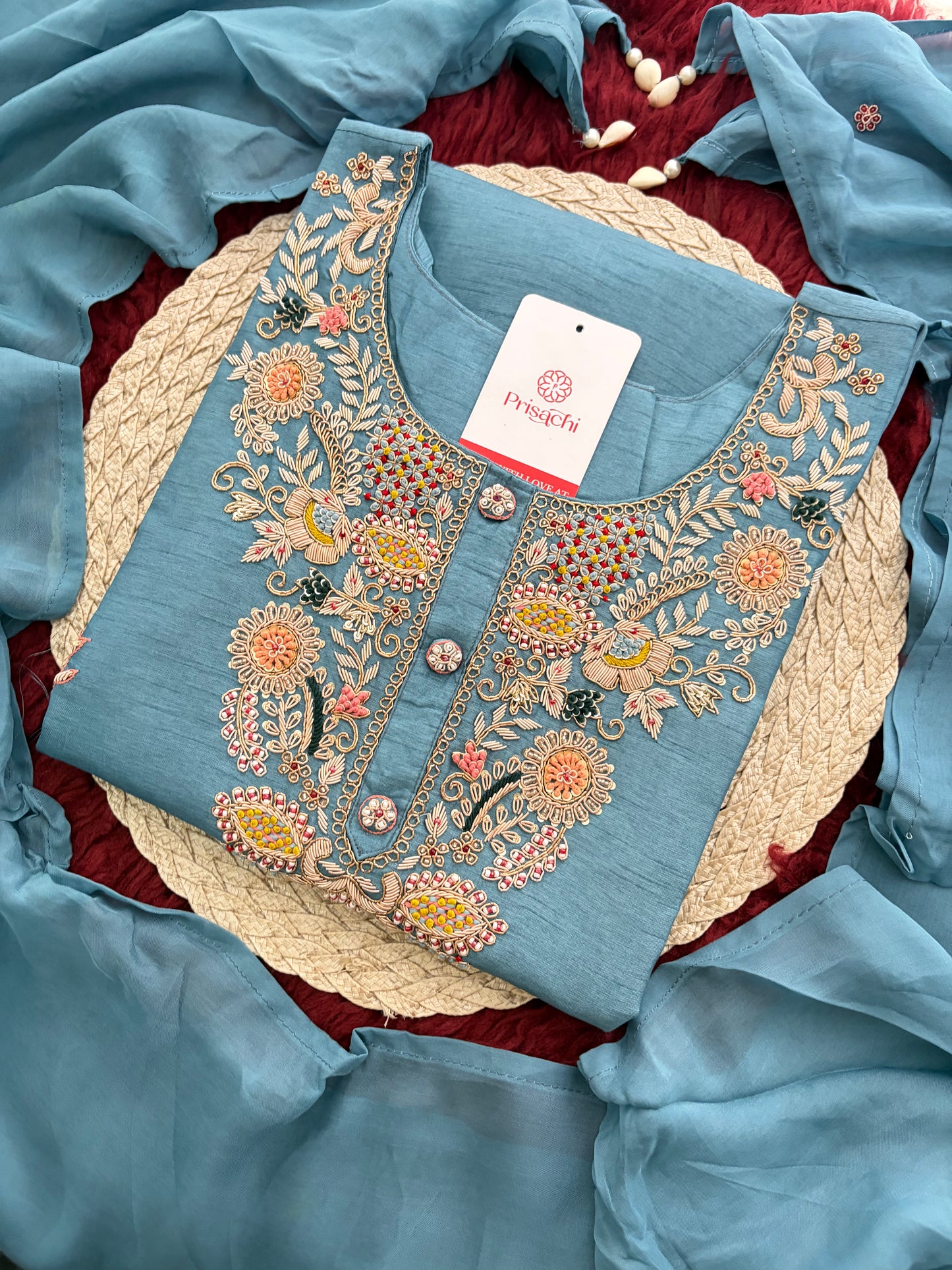 Blue Zardozi Embroidered Kurta Set with Pants & Dupatta for Women | Ethnic Festive & Wedding Wear