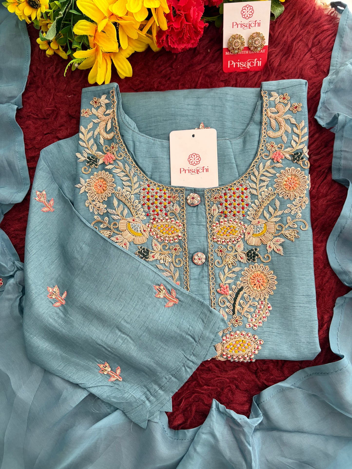 Blue Zardozi Embroidered Kurta Set with Pants & Dupatta for Women | Ethnic Festive & Wedding Wear