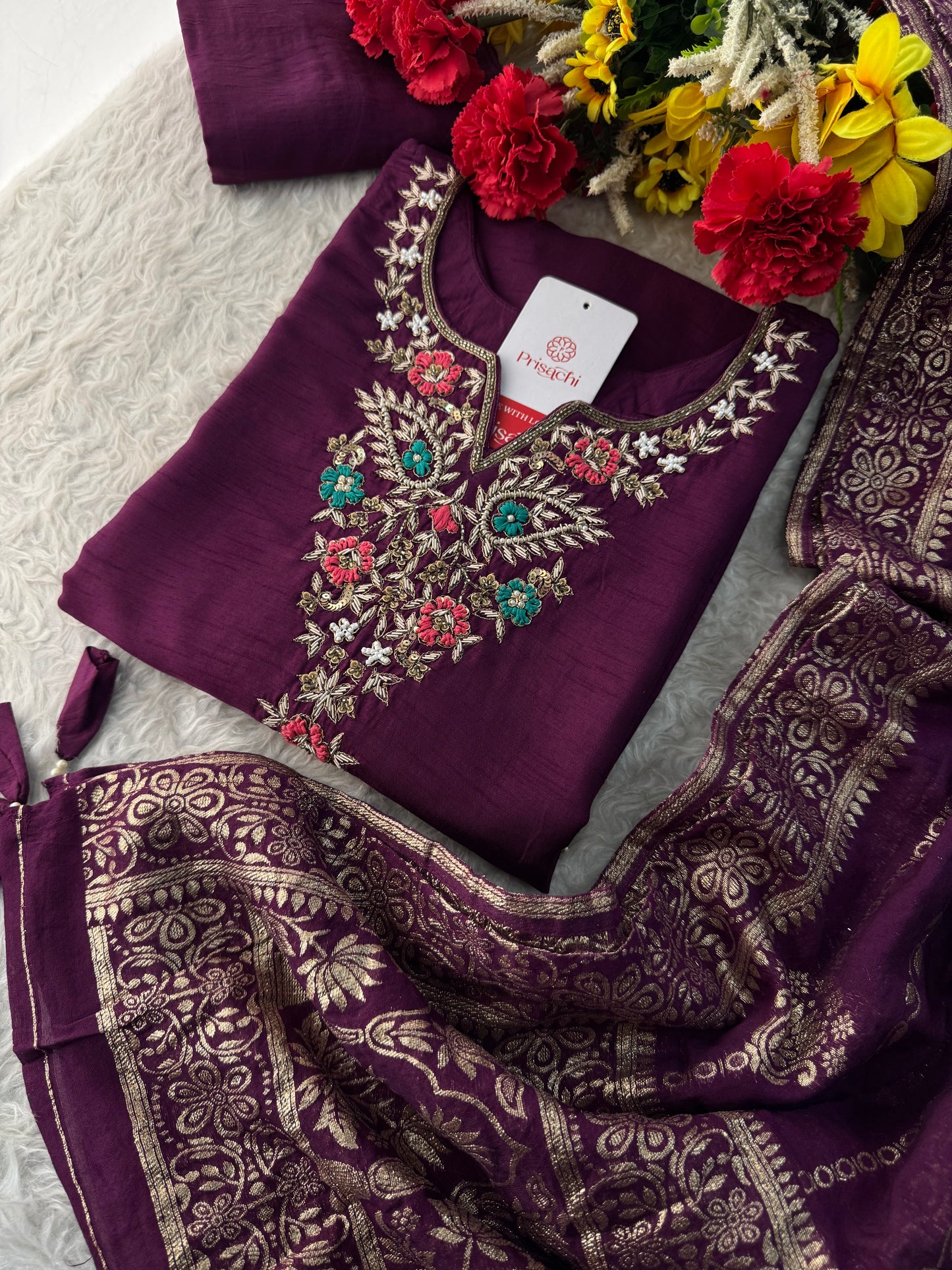 Purple Zardozi Embroidered Kurta Set with Pants & Banarasi Dupatta| Traditional Ethnic wear