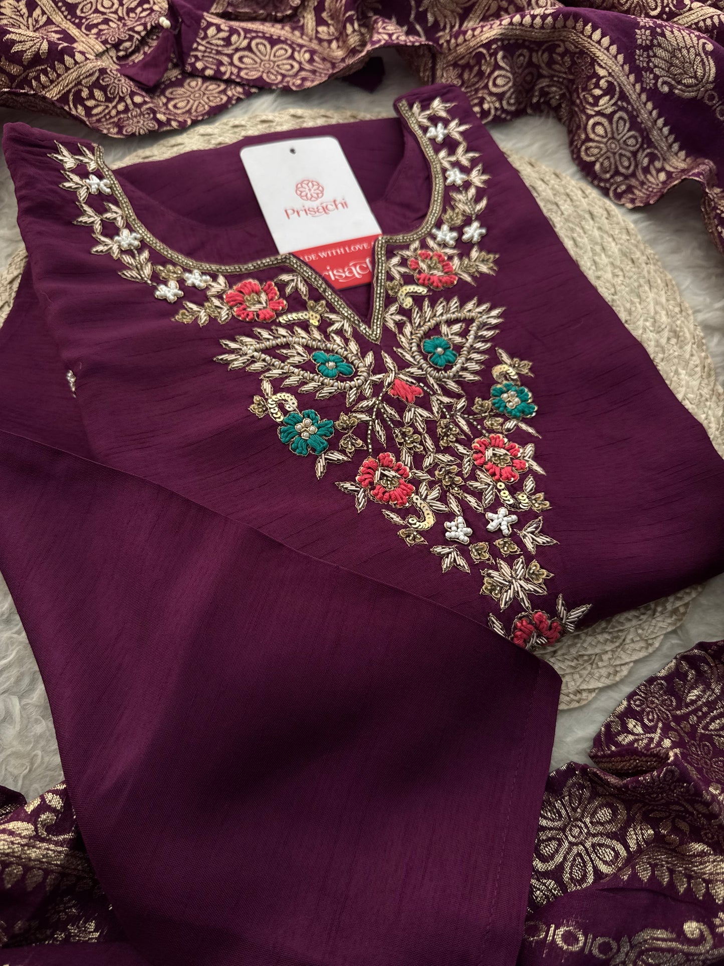 Purple Zardozi Embroidered Kurta Set with Pants & Banarasi Dupatta| Traditional Ethnic wear