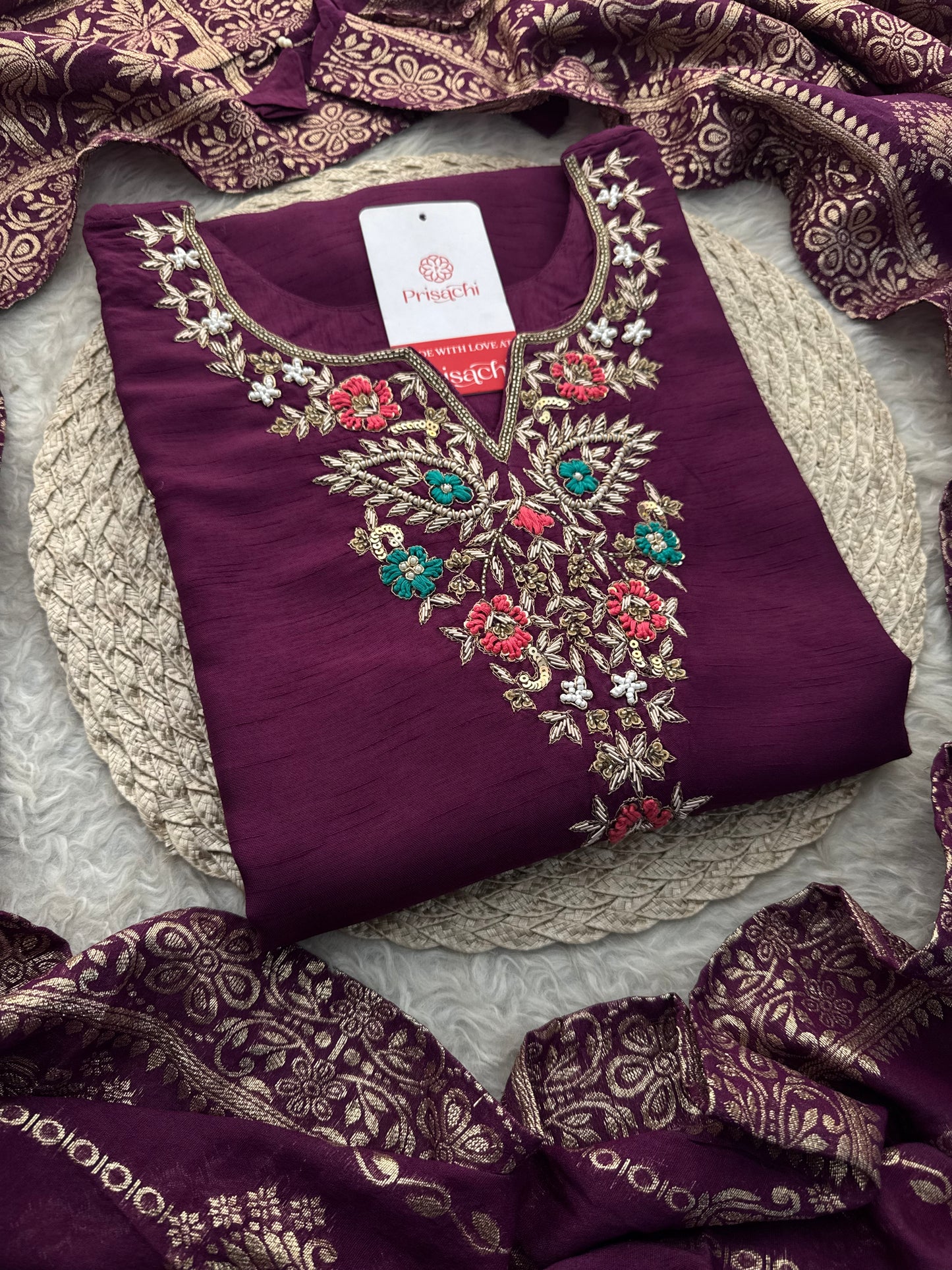 Purple Zardozi Embroidered Kurta Set with Pants & Banarasi Dupatta| Traditional Ethnic wear
