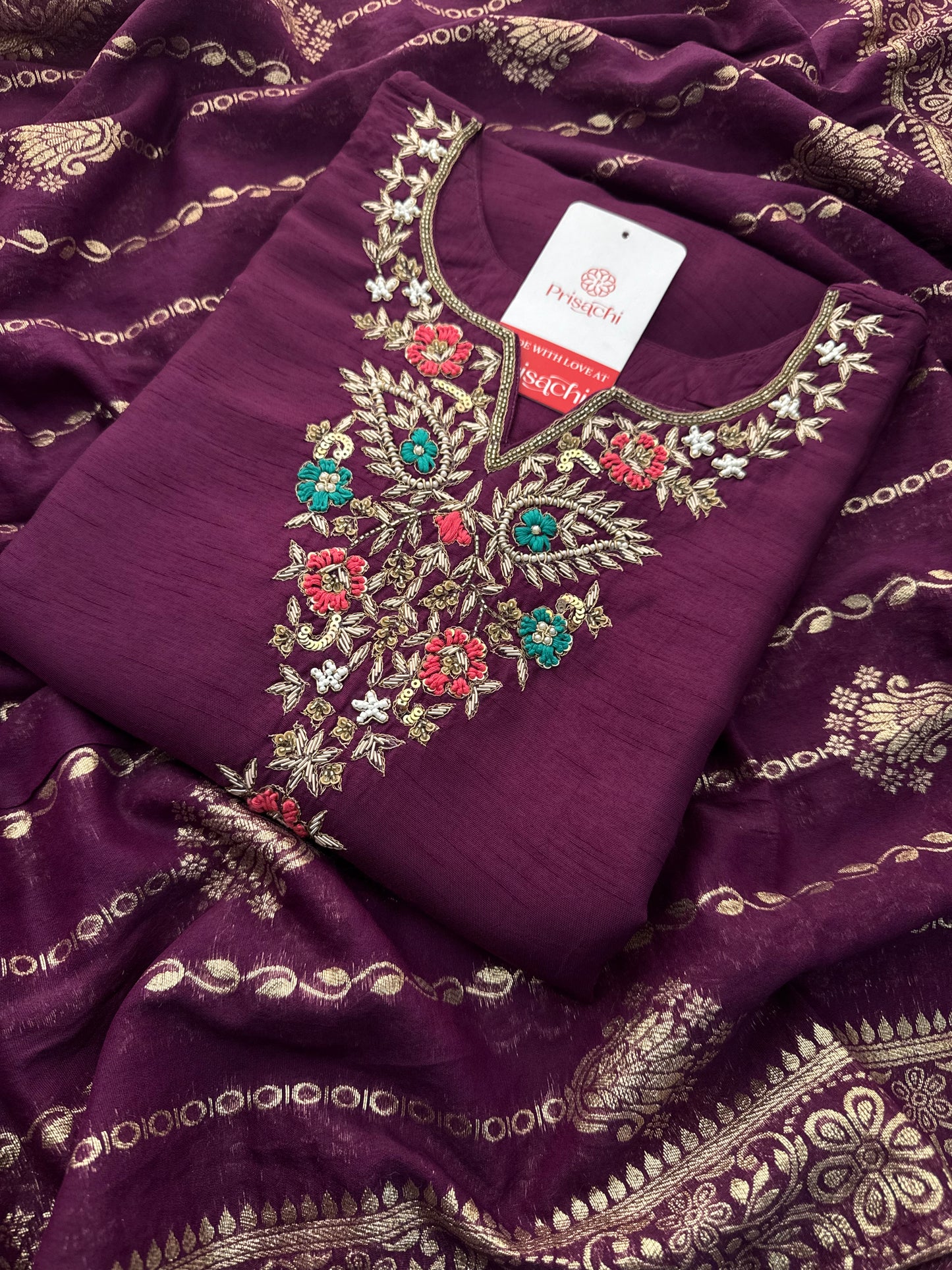 Purple Zardozi Embroidered Kurta Set with Pants & Banarasi Dupatta| Traditional Ethnic wear