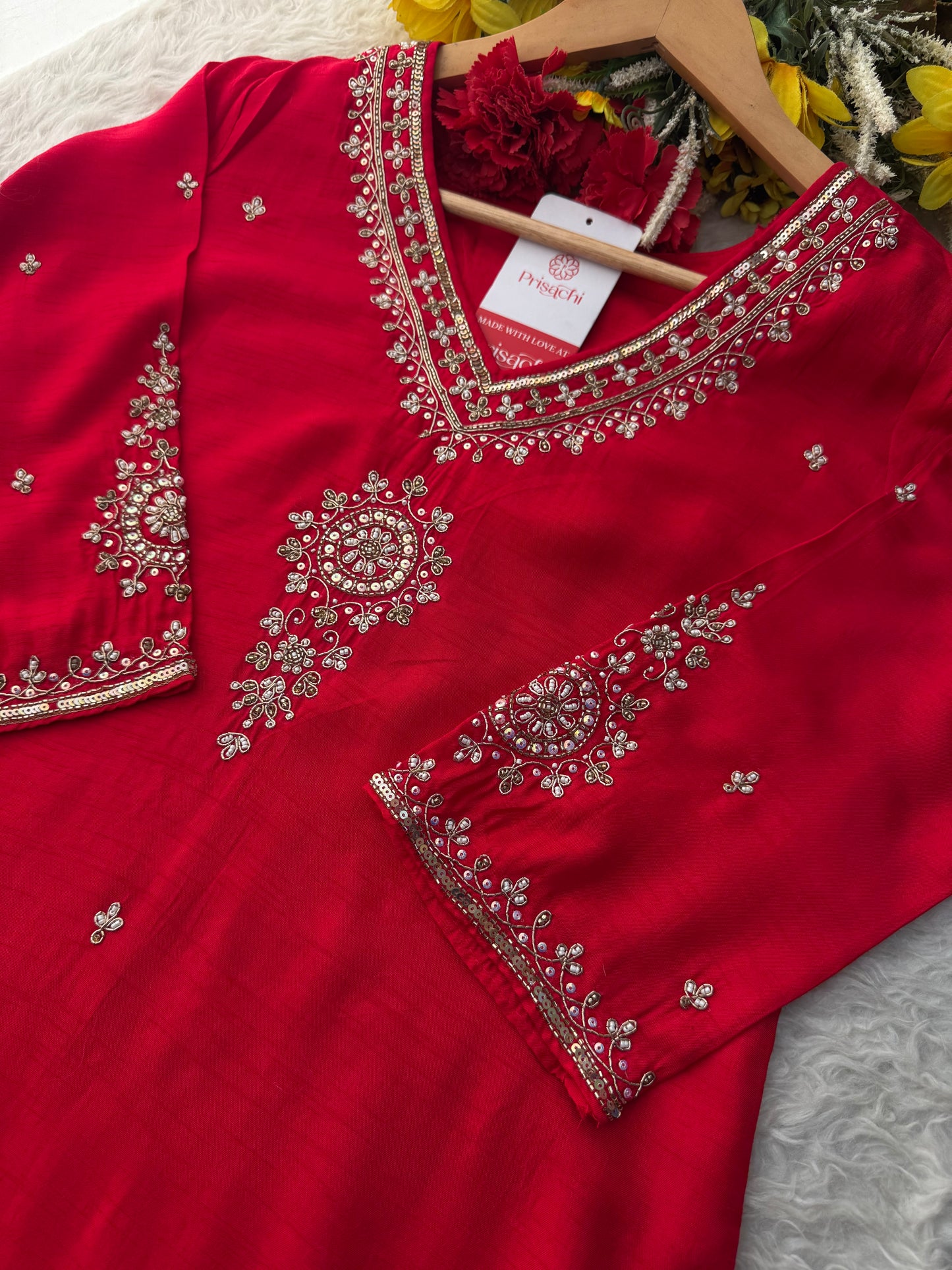 Red Zardozi Embroidered Kurta Set for Women with Pants & Dupatta | Traditional Ethnic wear