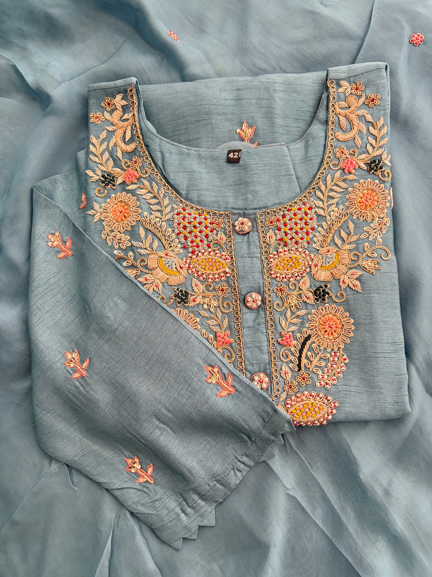 Blue Zardozi Embroidered Kurta Set with Pants & Dupatta for Women | Ethnic Festive & Wedding Wear