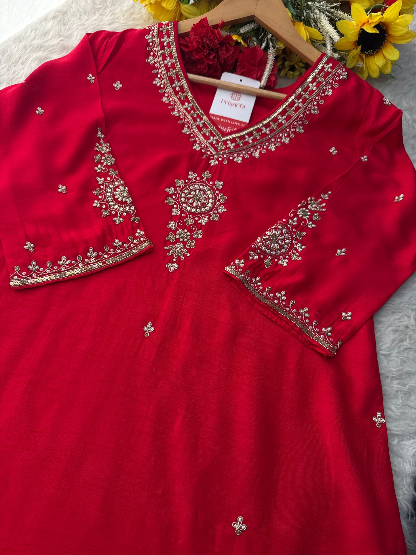 Red Zardozi Embroidered Kurta Set for Women with Pants & Dupatta | Traditional Ethnic wear