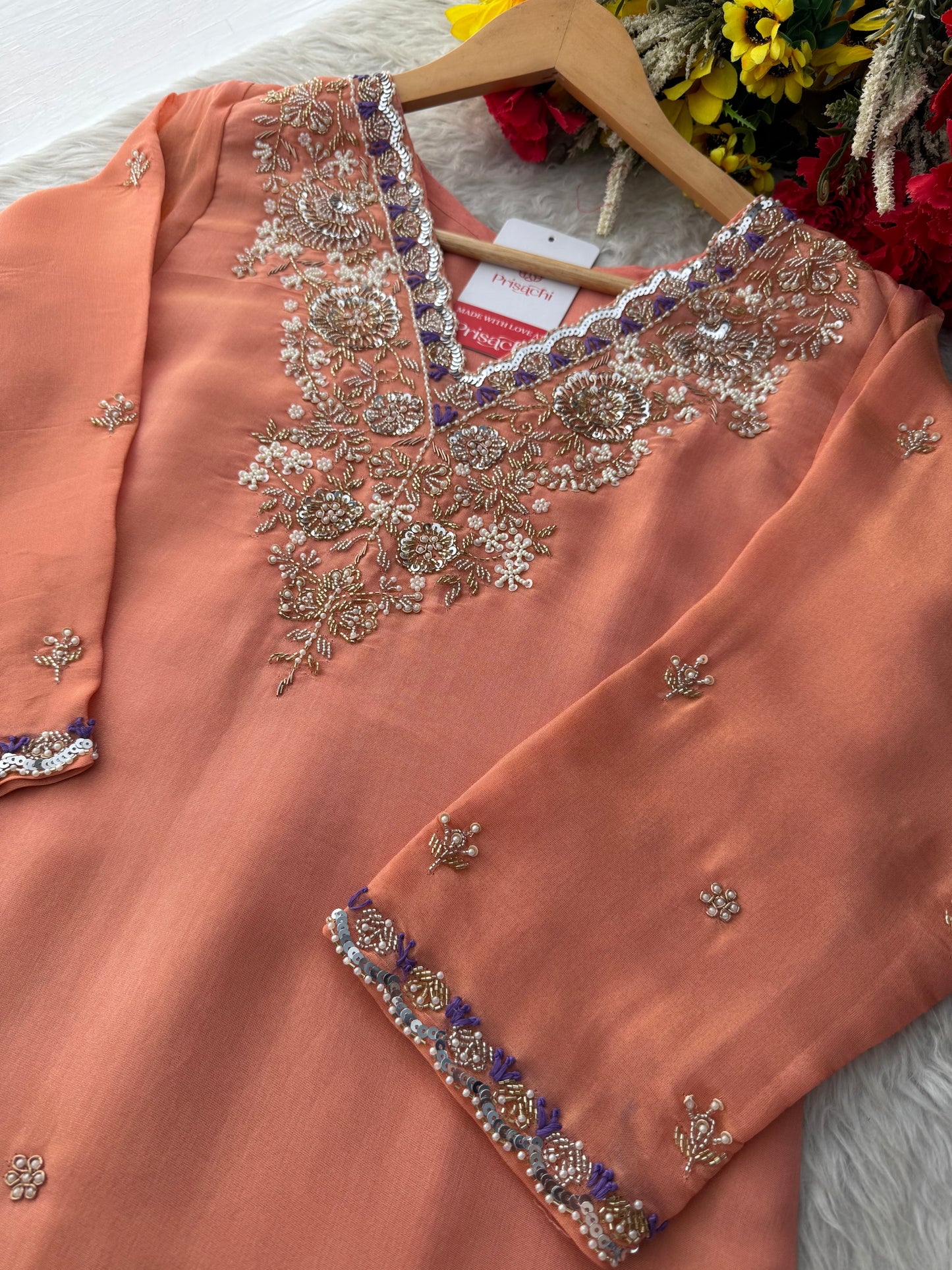 Peach Zardozi Embroidered Kurta Set with Pants & Dupatta for Women | Traditional Ethnic Dress