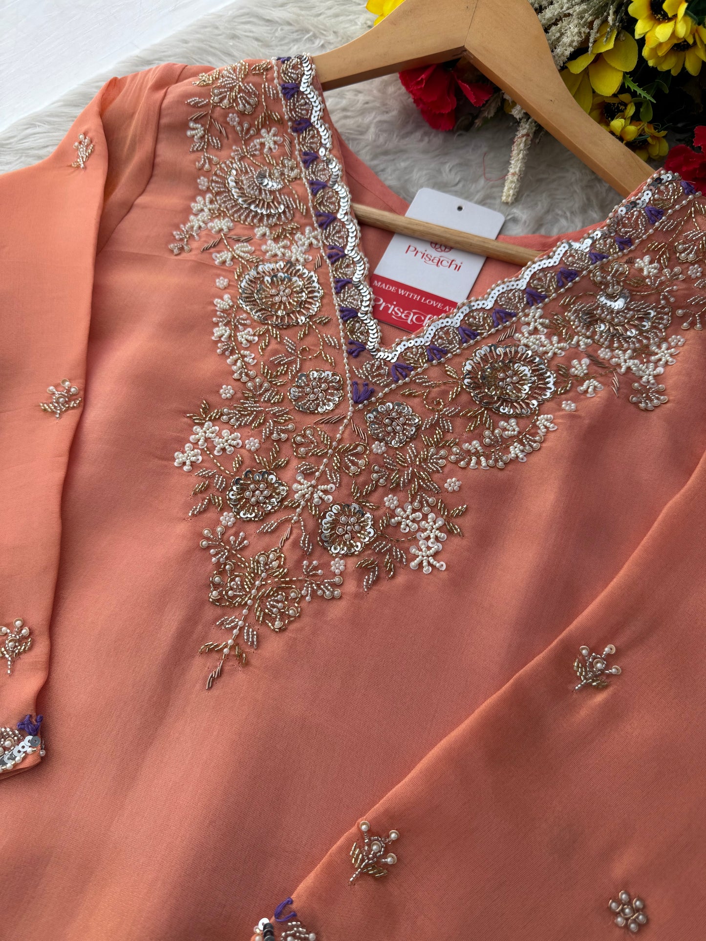 Peach Zardozi Embroidered Kurta Set with Pants & Dupatta for Women | Traditional Ethnic Dress