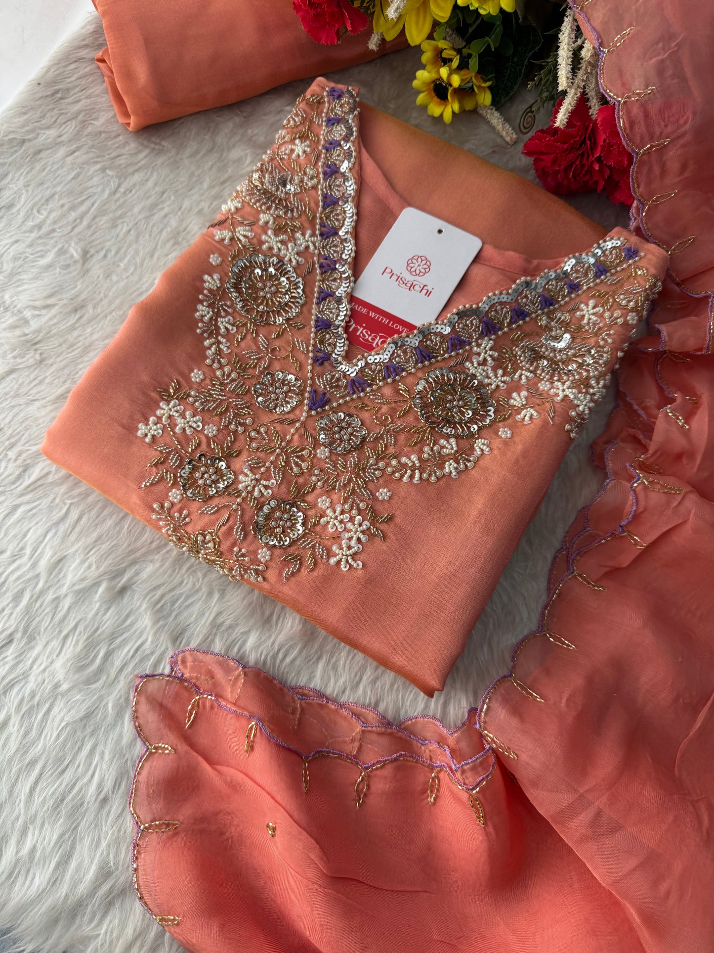 Peach Zardozi Embroidered Kurta Set with Pants & Dupatta for Women | Traditional Ethnic Dress