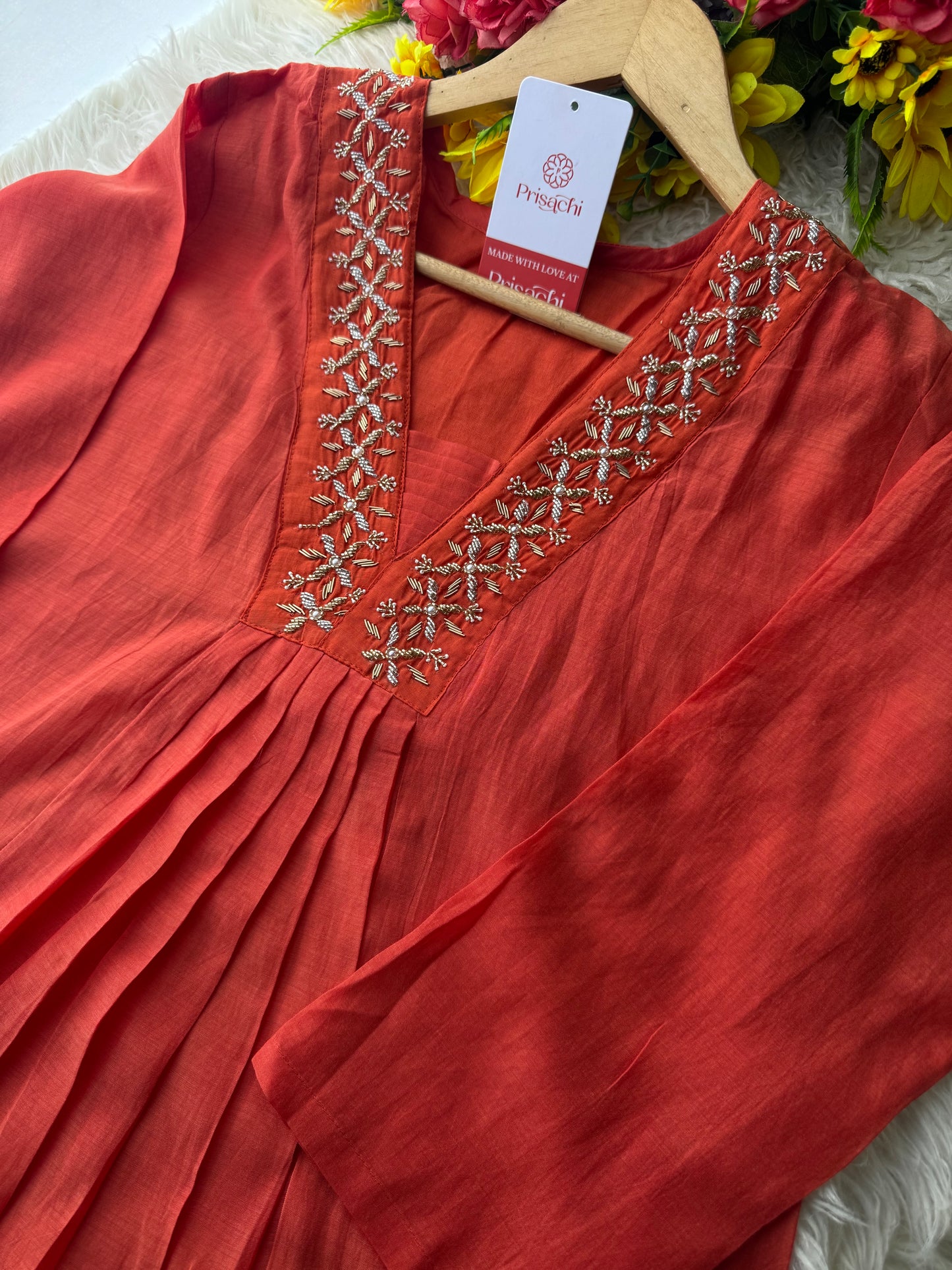 Orange Designer Embroidered A-Line Kurta Set with Dupatta & Pant