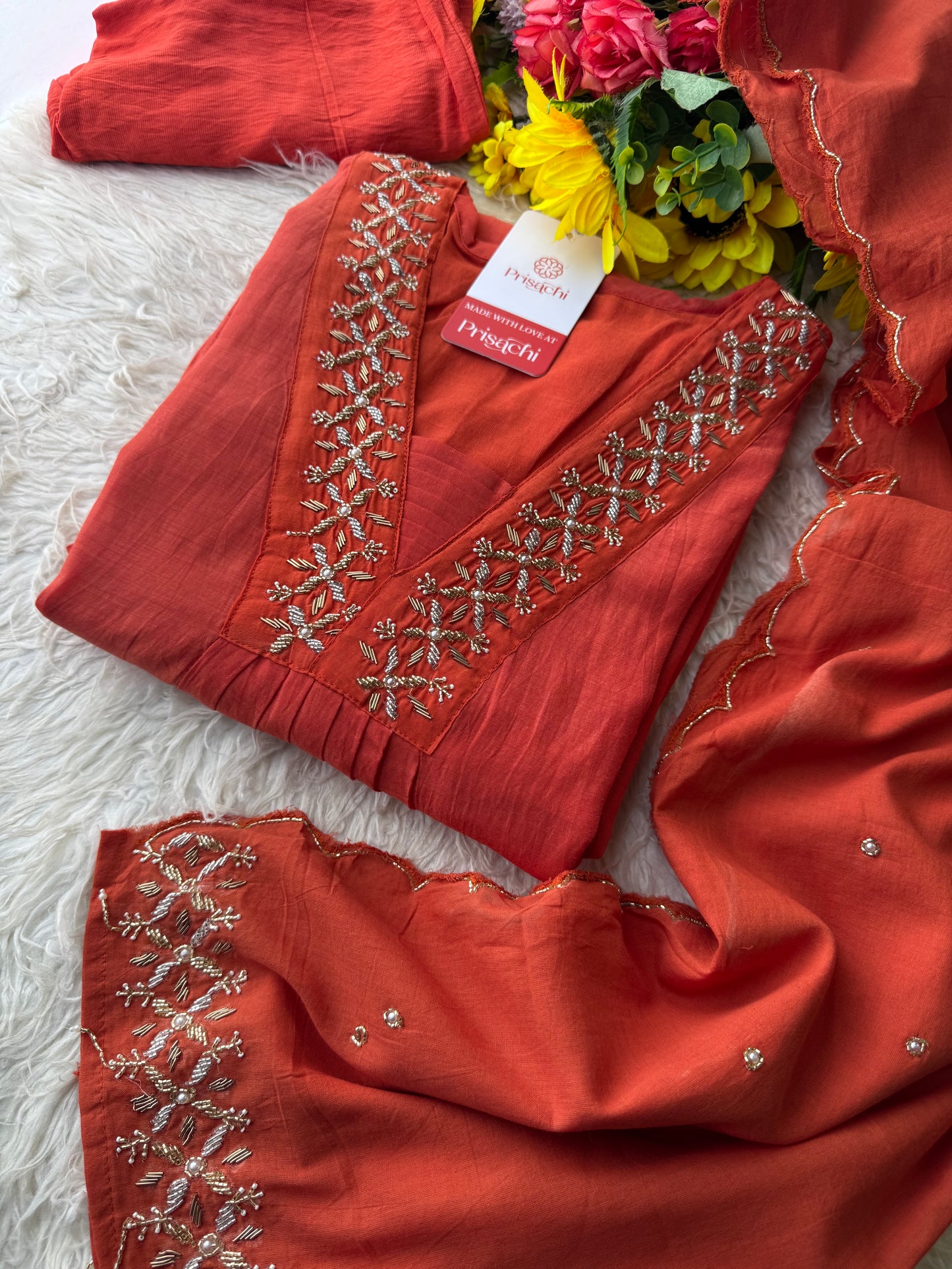 Orange Designer Embroidered A-Line Kurta Set with Dupatta & Pant