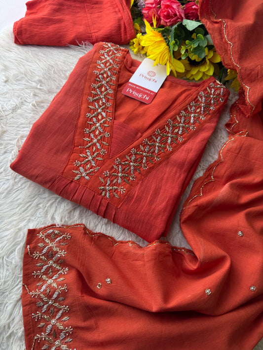Orange Designer Embroidered A-Line Kurta Set with Dupatta & Pant