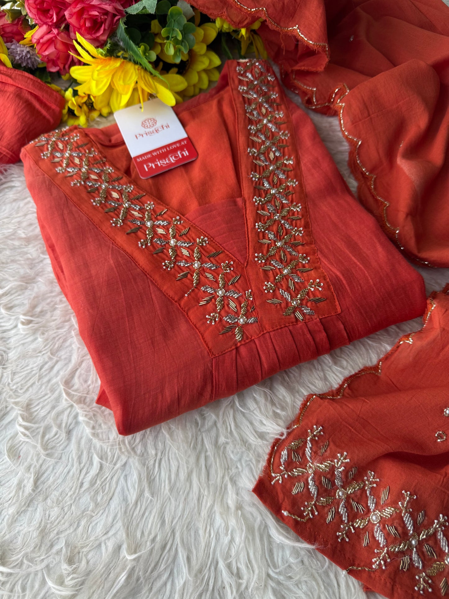 Orange Designer Embroidered A-Line Kurta Set with Dupatta & Pant