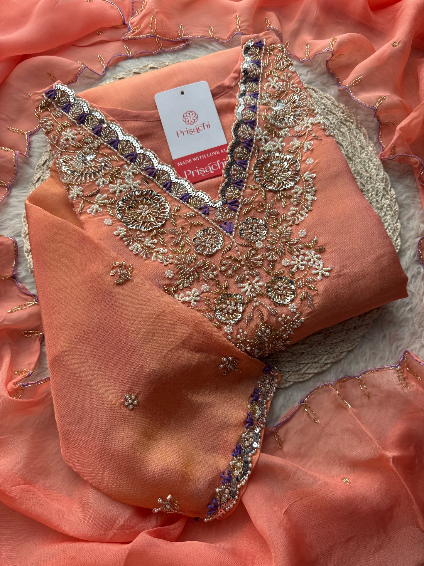 Peach Zardozi Embroidered Kurta Set with Pants & Dupatta for Women | Traditional Ethnic Dress