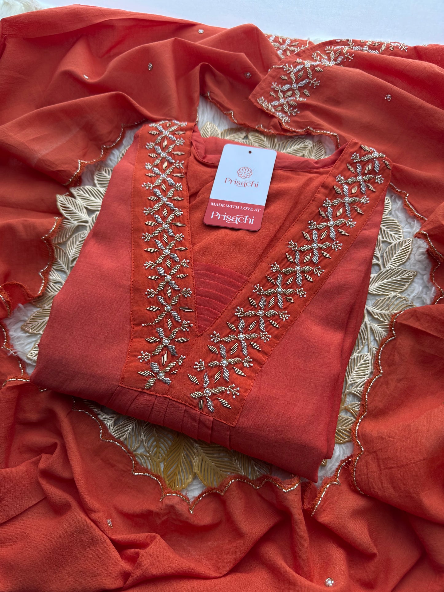 Orange Designer Embroidered A-Line Kurta Set with Dupatta & Pant