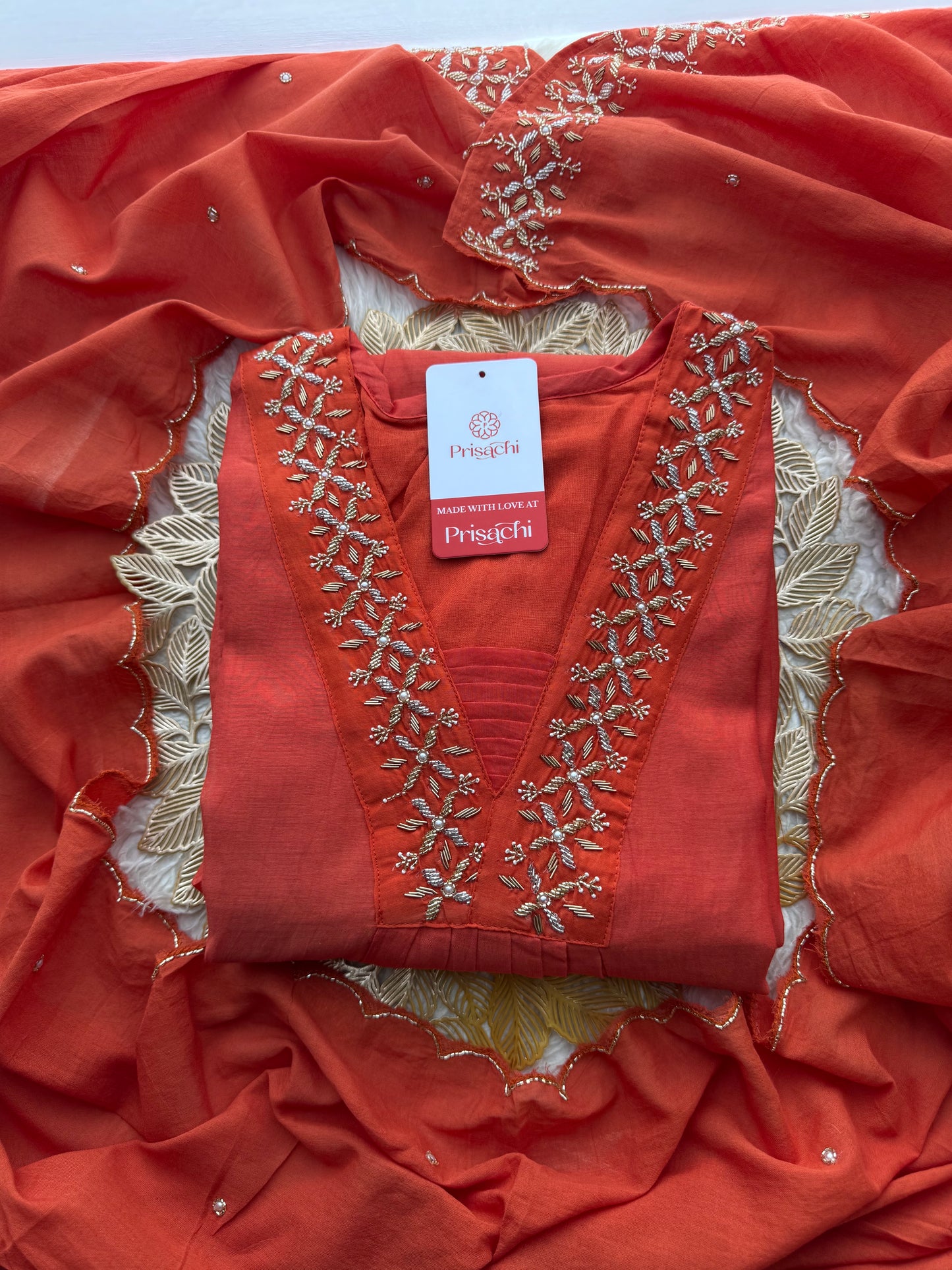 Orange Designer Embroidered A-Line Kurta Set with Dupatta & Pant