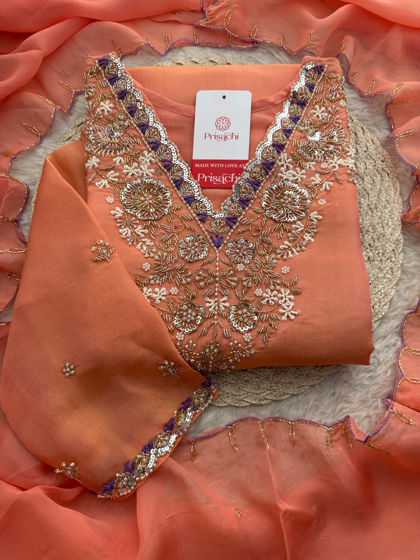 Peach Zardozi Embroidered Kurta Set with Pants & Dupatta for Women | Traditional Ethnic Dress