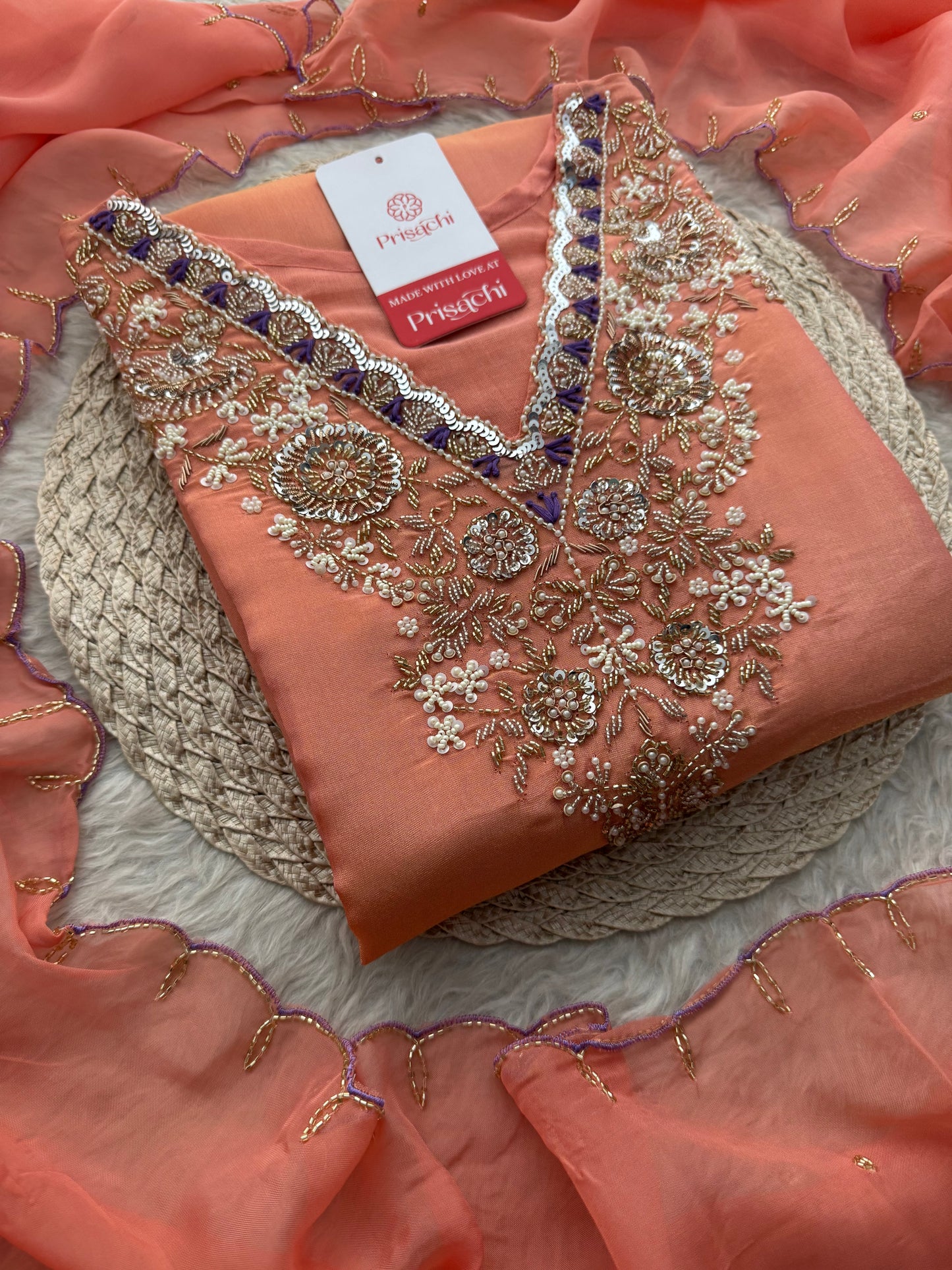 Peach Zardozi Embroidered Kurta Set with Pants & Dupatta for Women | Traditional Ethnic Dress