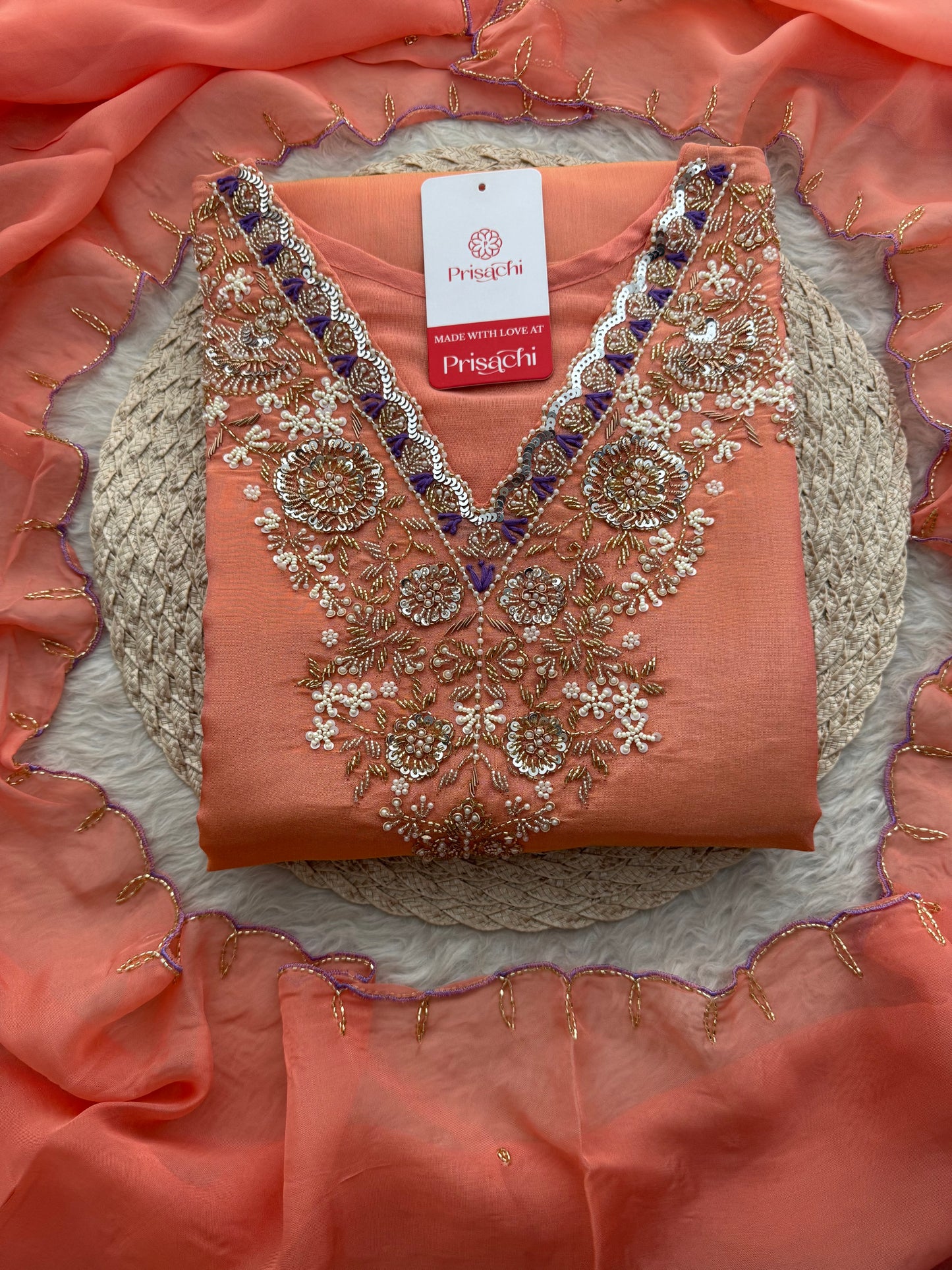 Peach Zardozi Embroidered Kurta Set with Pants & Dupatta for Women | Traditional Ethnic Dress