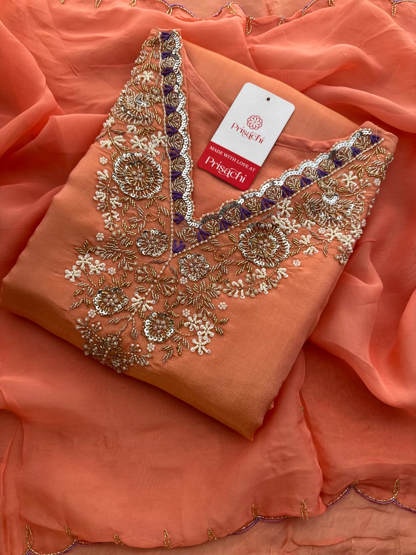 Peach Zardozi Embroidered Kurta Set with Pants & Dupatta for Women | Traditional Ethnic Dress