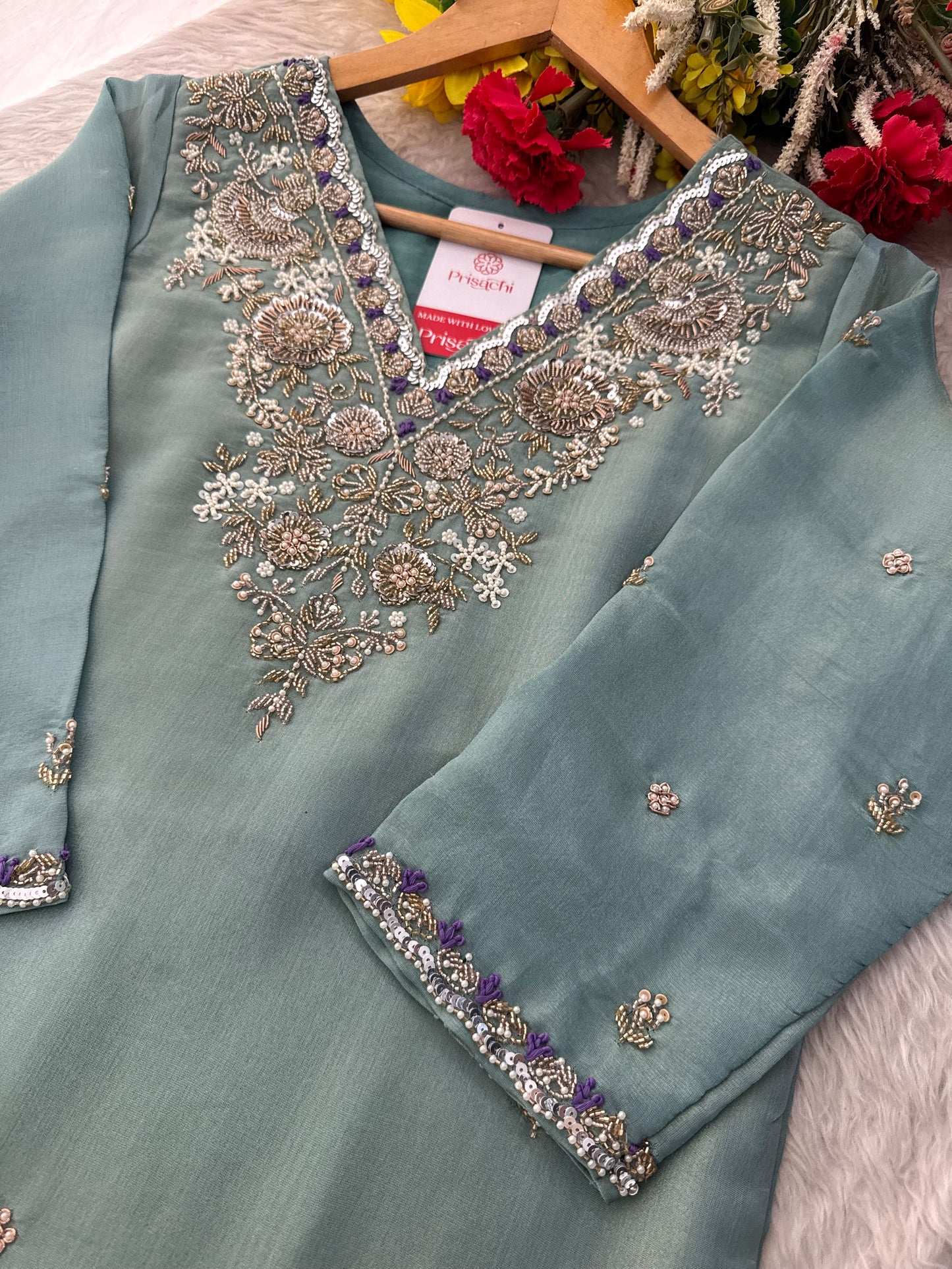 Designer Zardozi Embroidered Kurta Set with Pants & Dupatta for Women | Traditional Ethnic Party Wear Suit Set