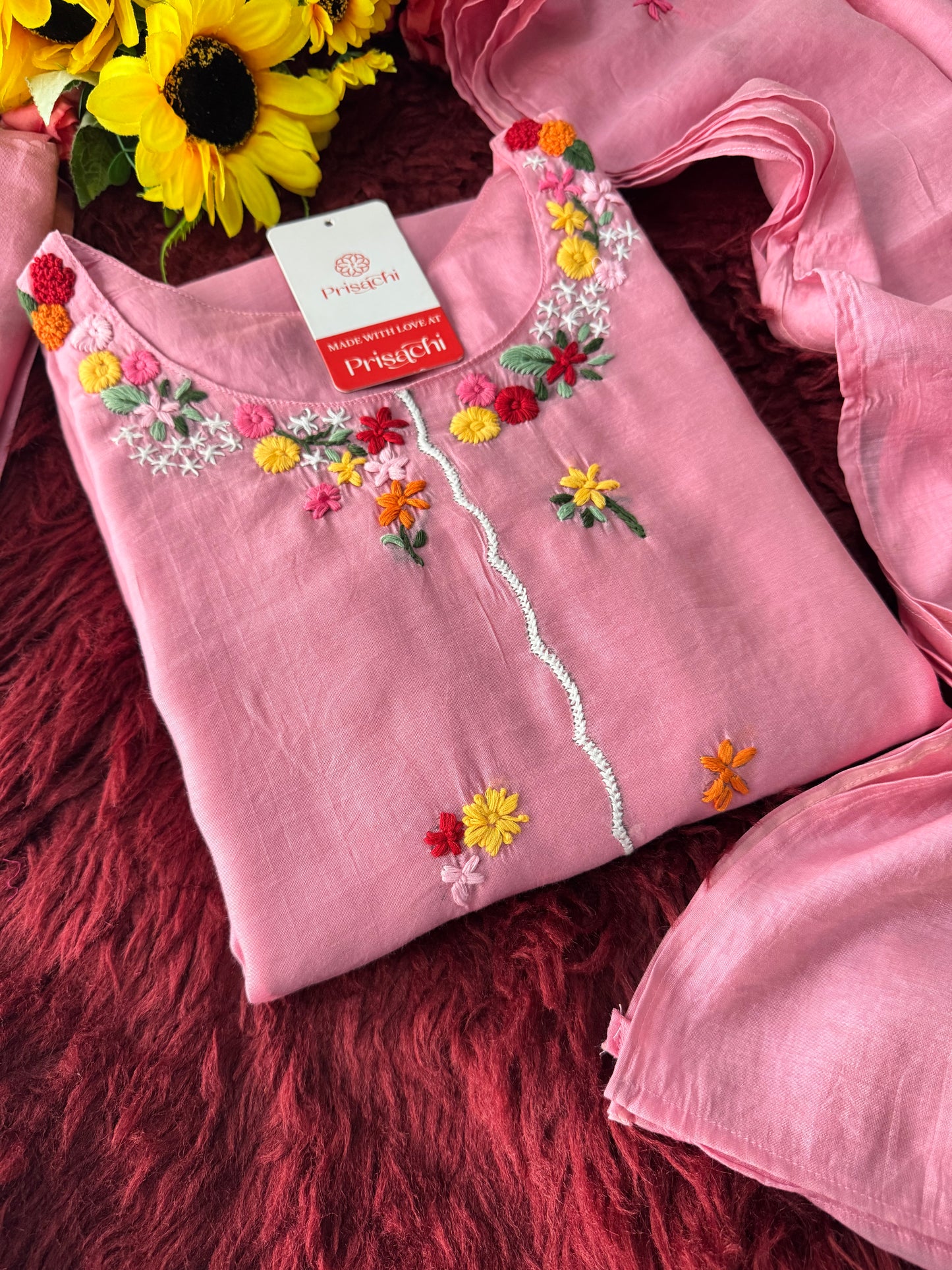 Pink Embroidered A-Line Ethnic Kurta Set with Dupatta & Pant