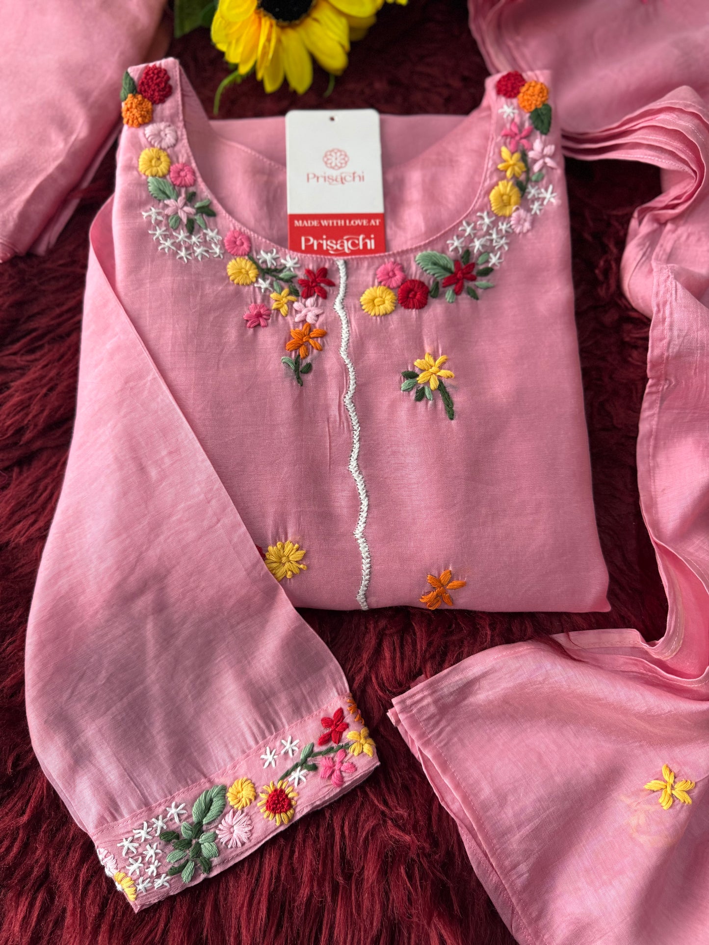 Pink Embroidered A-Line Ethnic Kurta Set with Dupatta & Pant