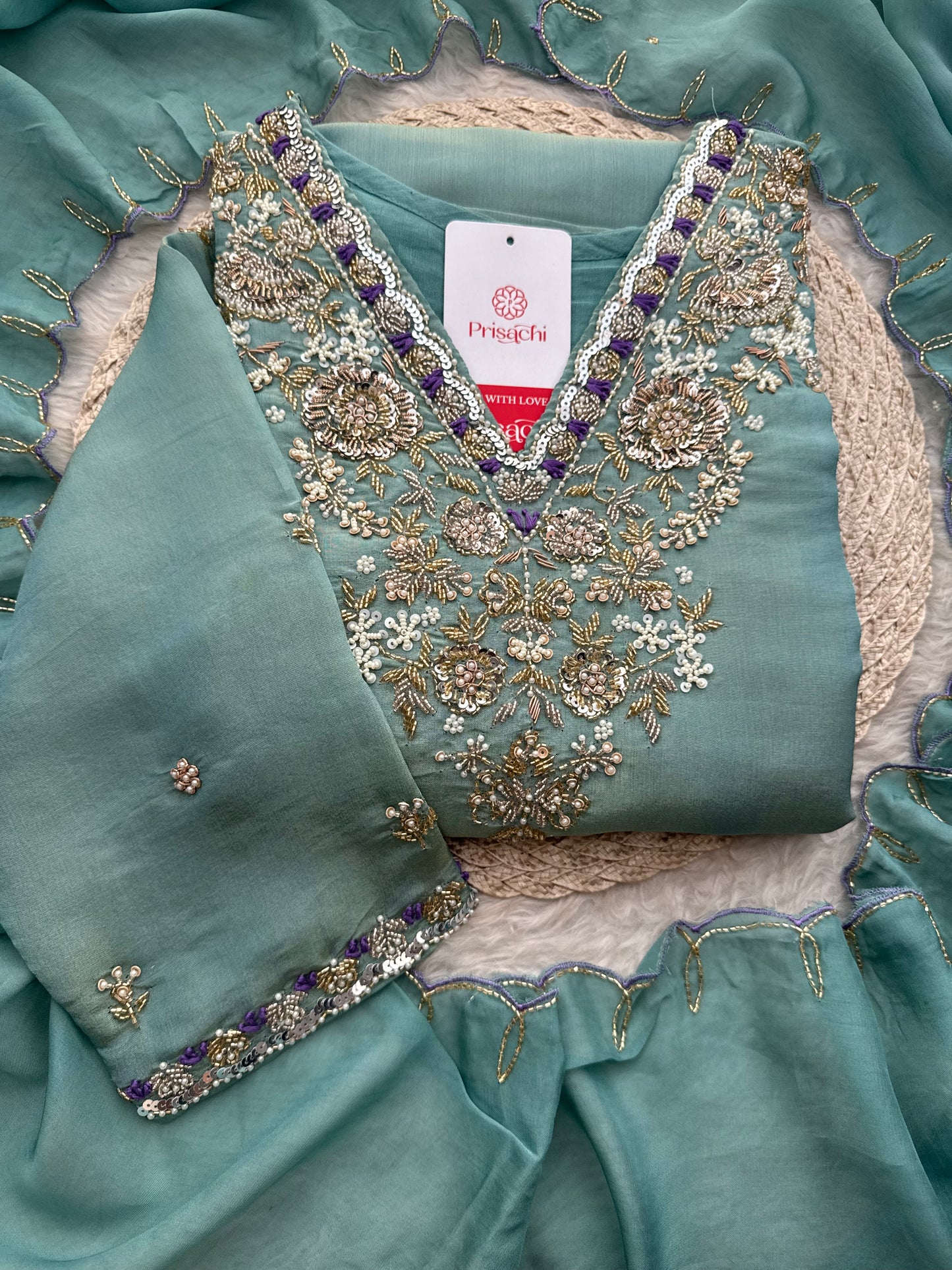 Designer Zardozi Embroidered Kurta Set with Pants & Dupatta for Women | Traditional Ethnic Party Wear Suit Set