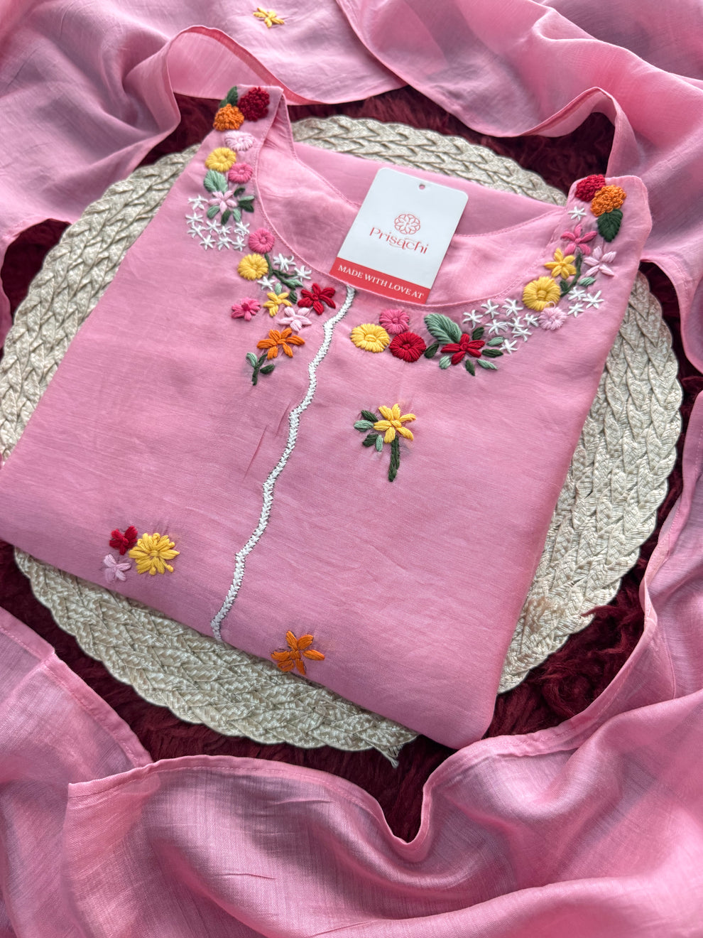 Pink Embroidered A-Line Pure Cotton Kurta Set With Dupatta