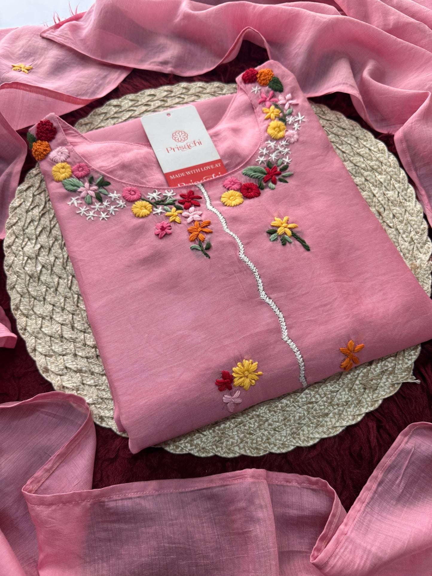 Pink Embroidered A-Line Ethnic Kurta Set with Dupatta & Pant