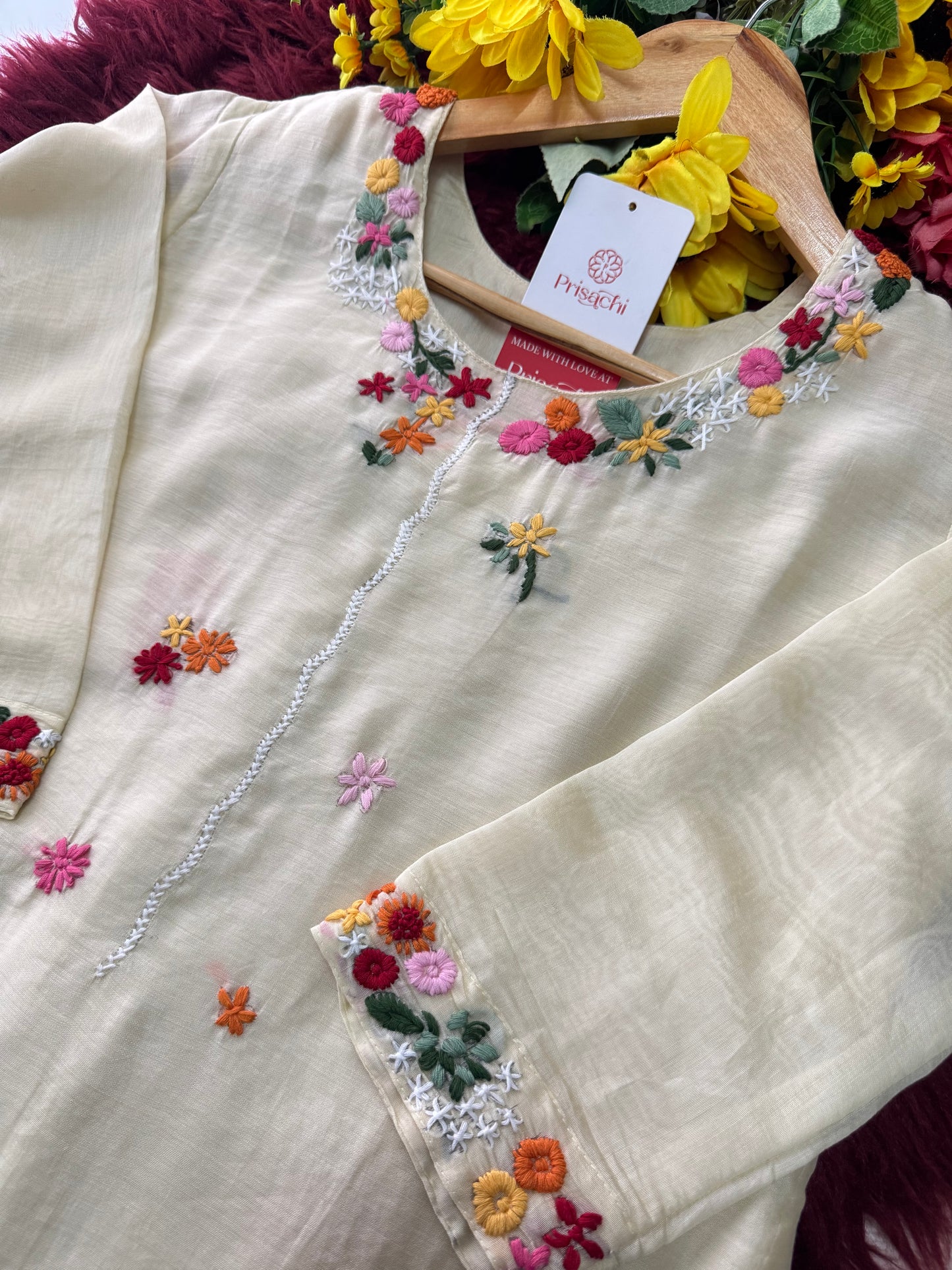 Off White Embroidered A-Line Ethnic Kurta Set with Dupatta & Pant