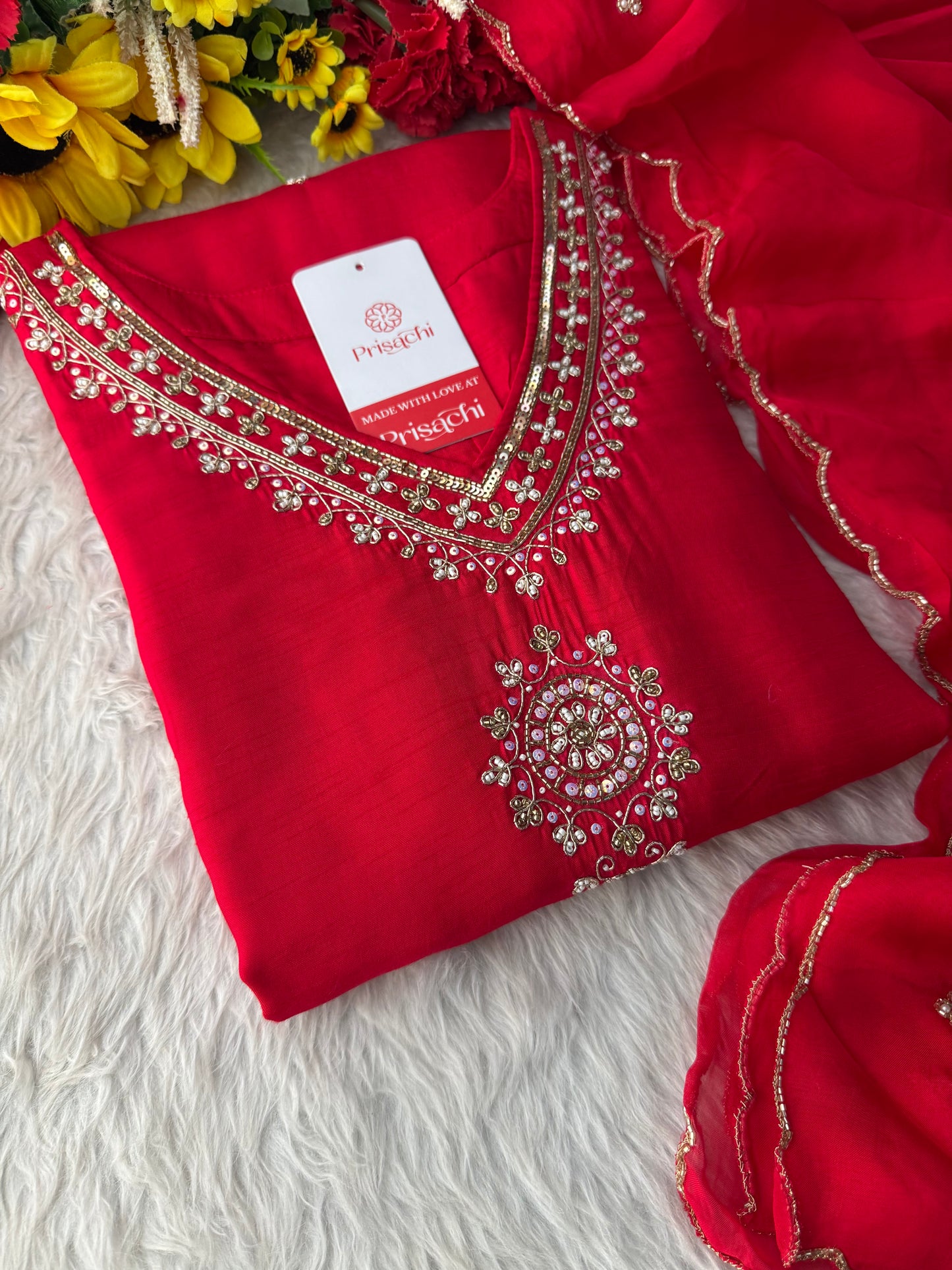 Red Zardozi Embroidered Kurta Set for Women with Pants & Dupatta | Traditional Ethnic wear